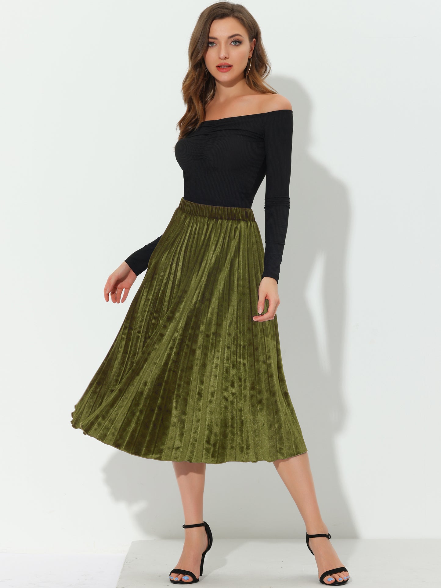 Women's Fall Winter Elastic High Waist Flowy Swing Holiday Velvet Pleated Midi Skirt