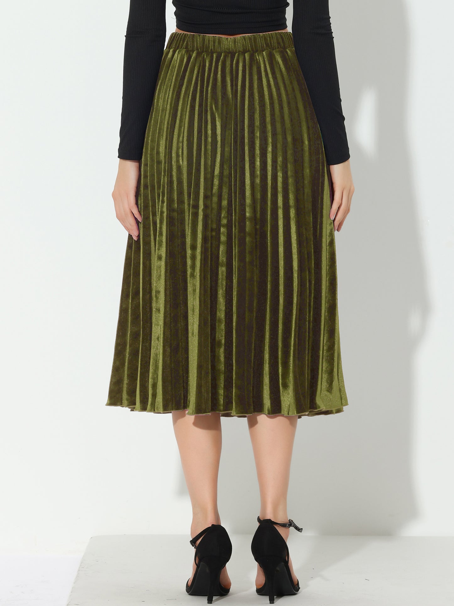 Women's Fall Winter Elastic High Waist Flowy Swing Holiday Velvet Pleated Midi Skirt