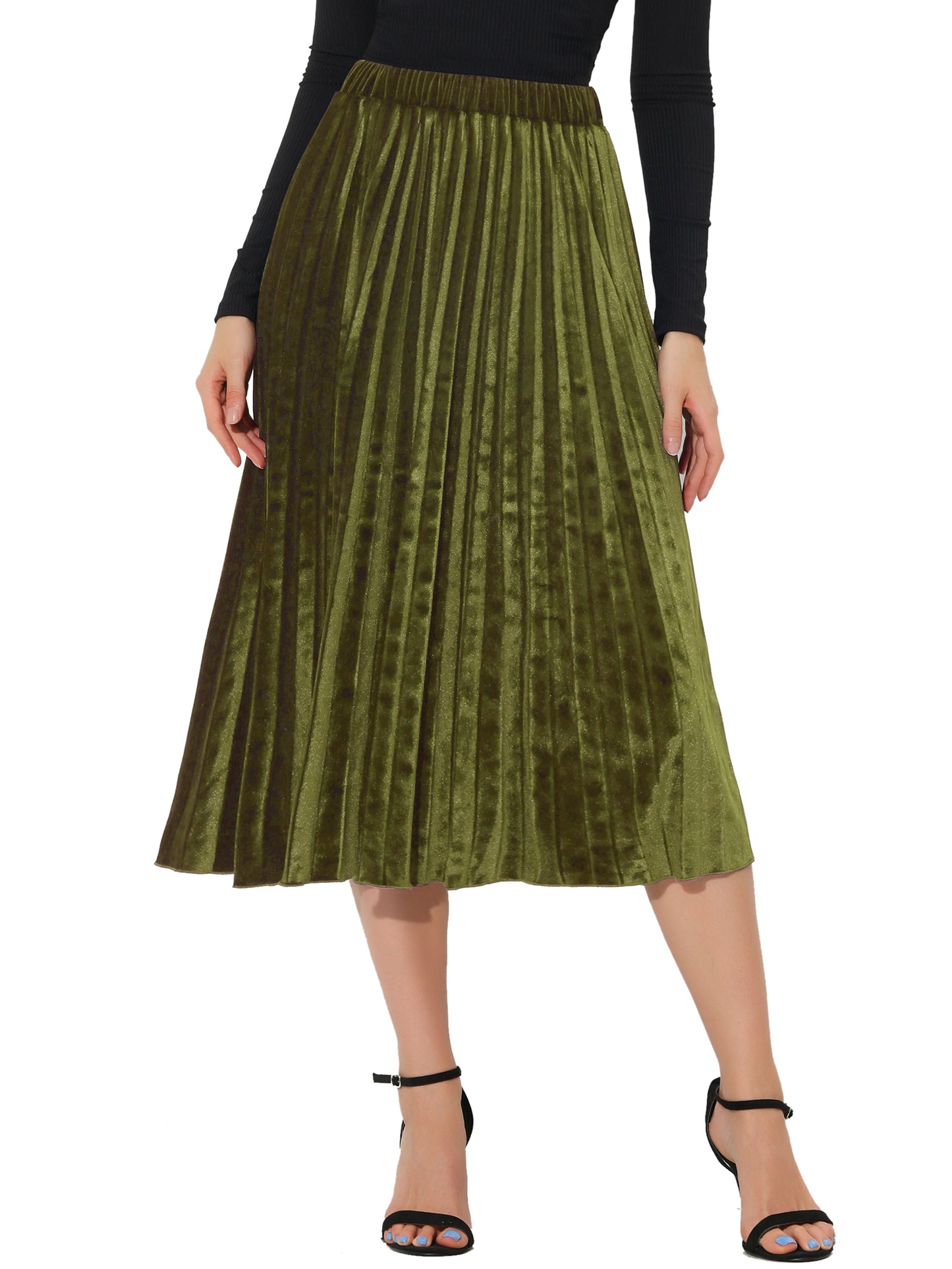 Women's Fall Winter Elastic High Waist Flowy Swing Holiday Velvet Pleated Midi Skirt