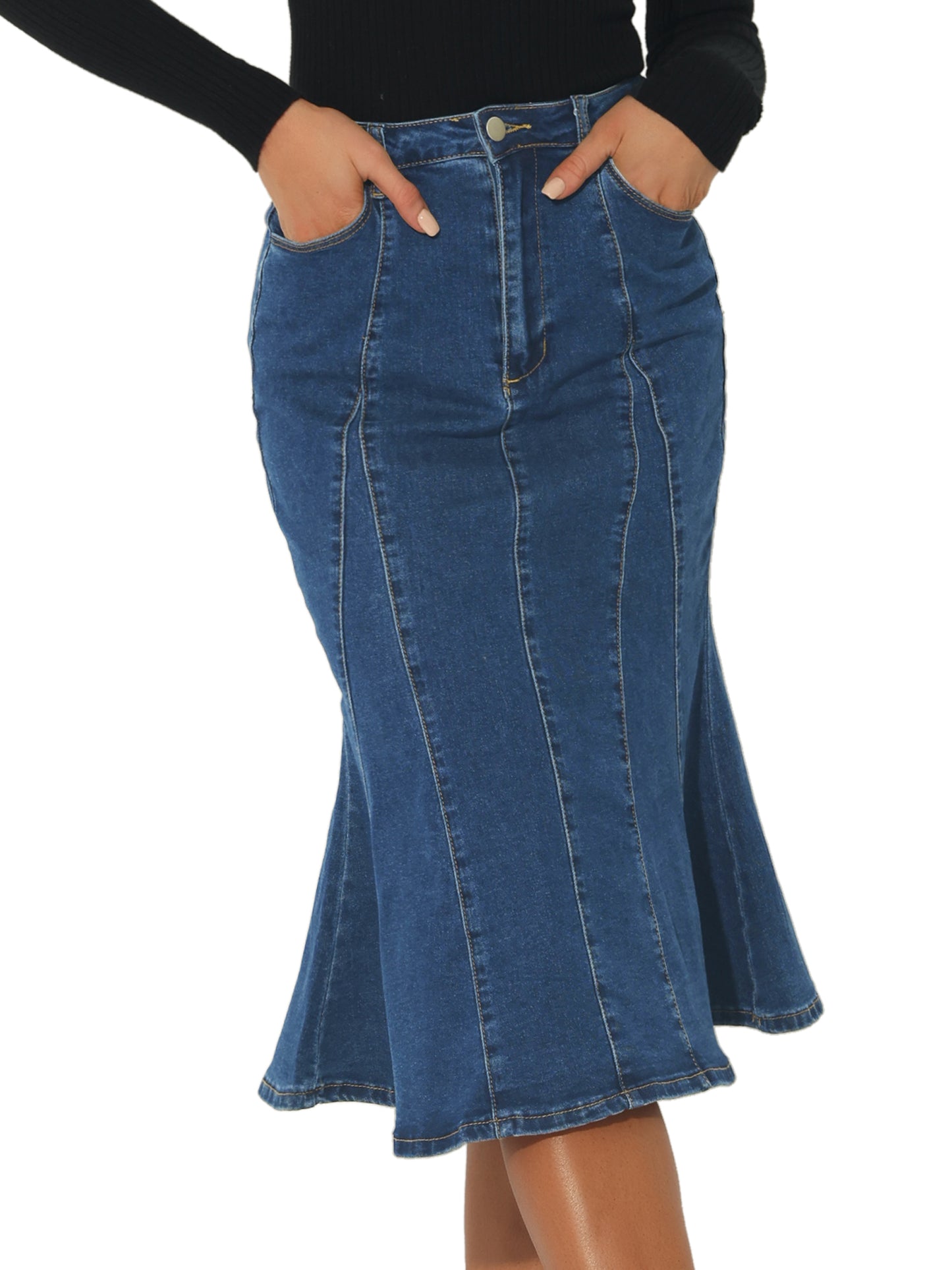 Falda vaquera midi ajustada de cintura alta con volantes y cola de pez para mujer
