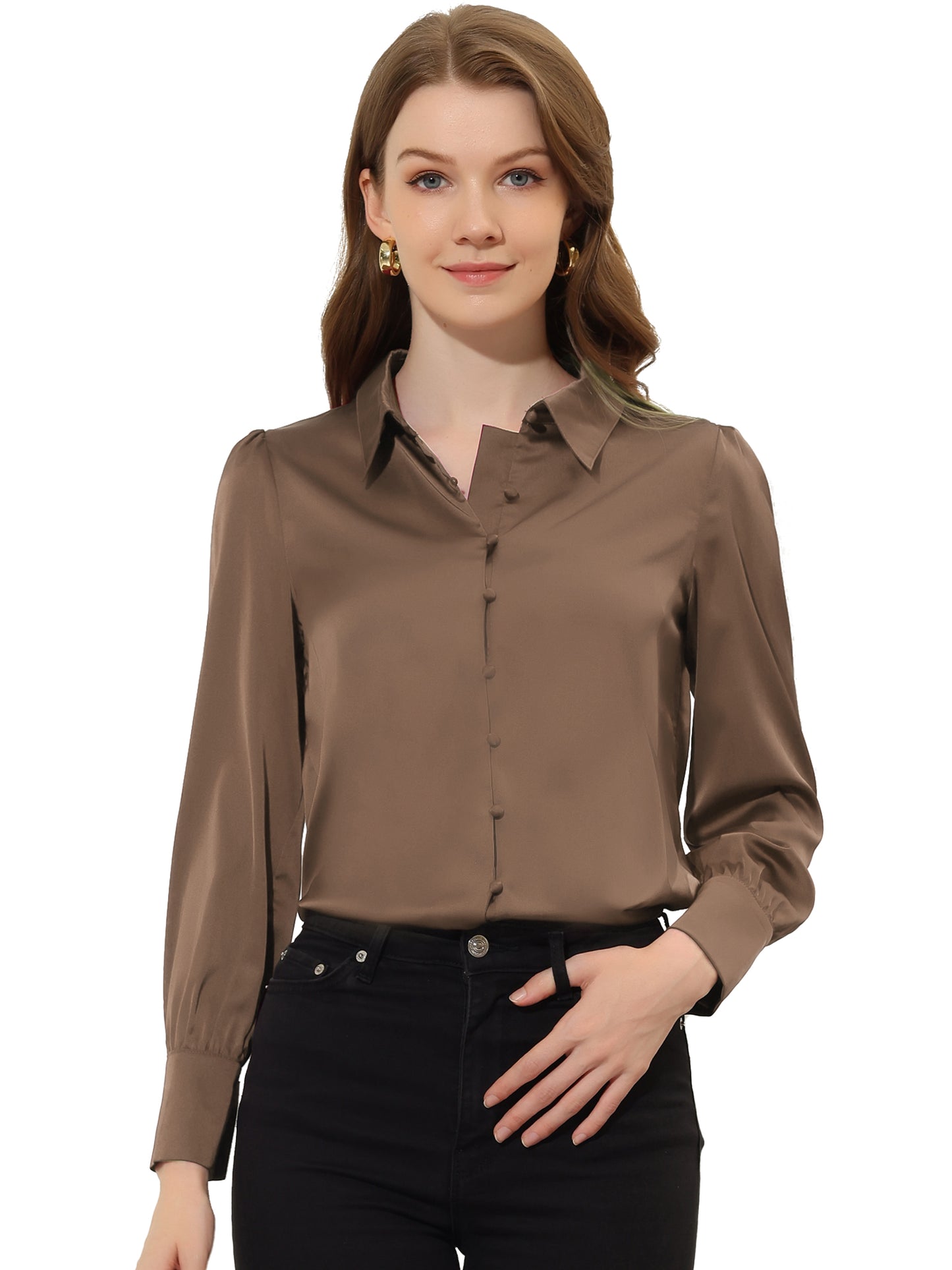 Women's Satin Puff Sleeve Collared Work Office Dressy Button Up Shirt, Deep Colors