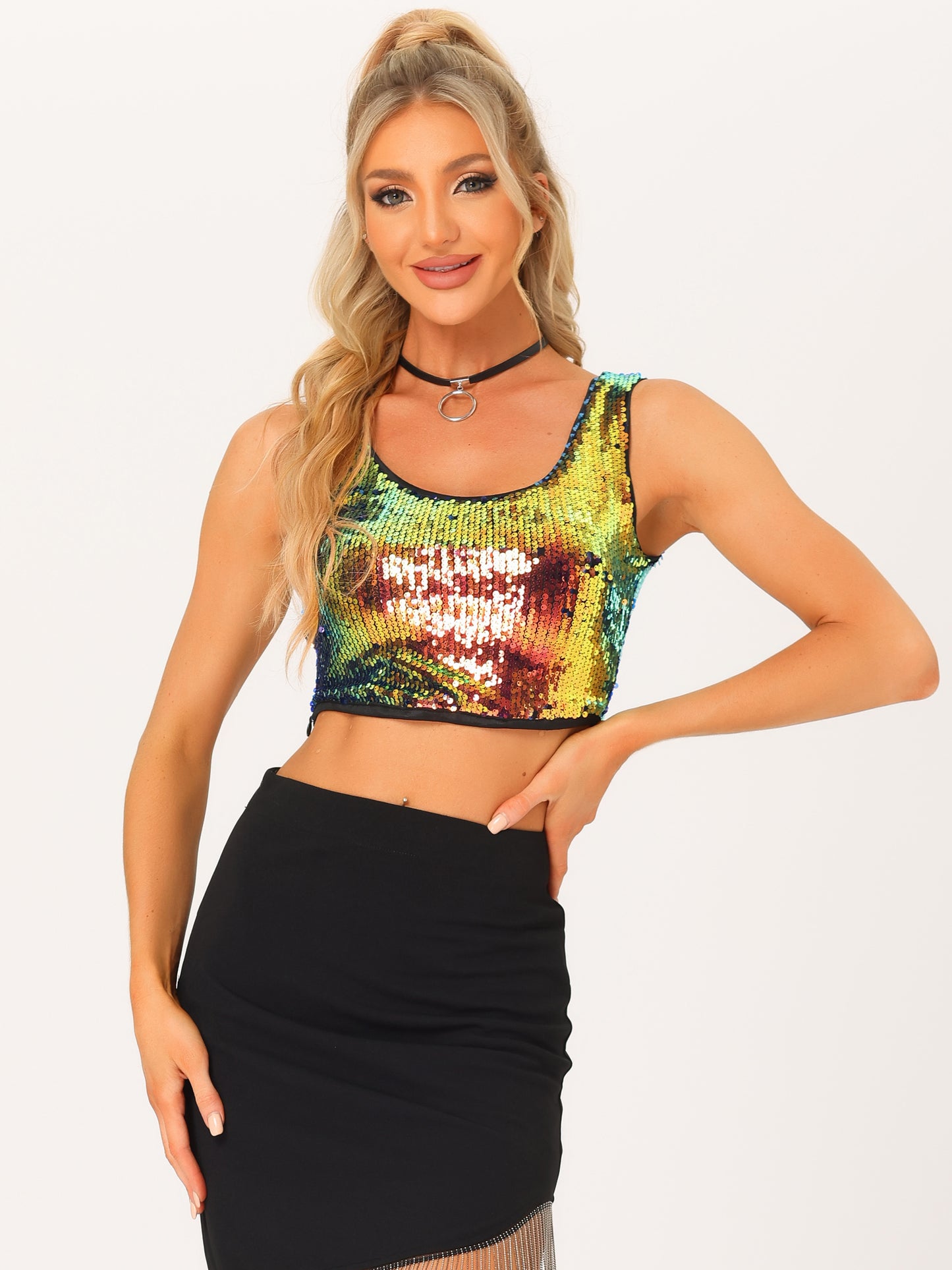 Women's Metallic Sequin Crop Top Sparkle Glitter Sleeveless Party Club Tank Top