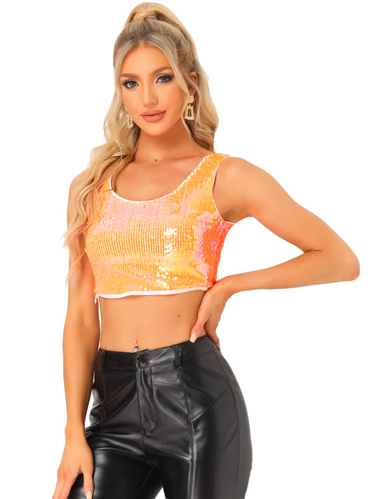 Women's Metallic Sequin Crop Top Sparkle Glitter Sleeveless Party Club Tank Top