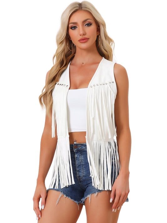 Women's Open Front Vintage Faux Suede Tassel Fringe Vest