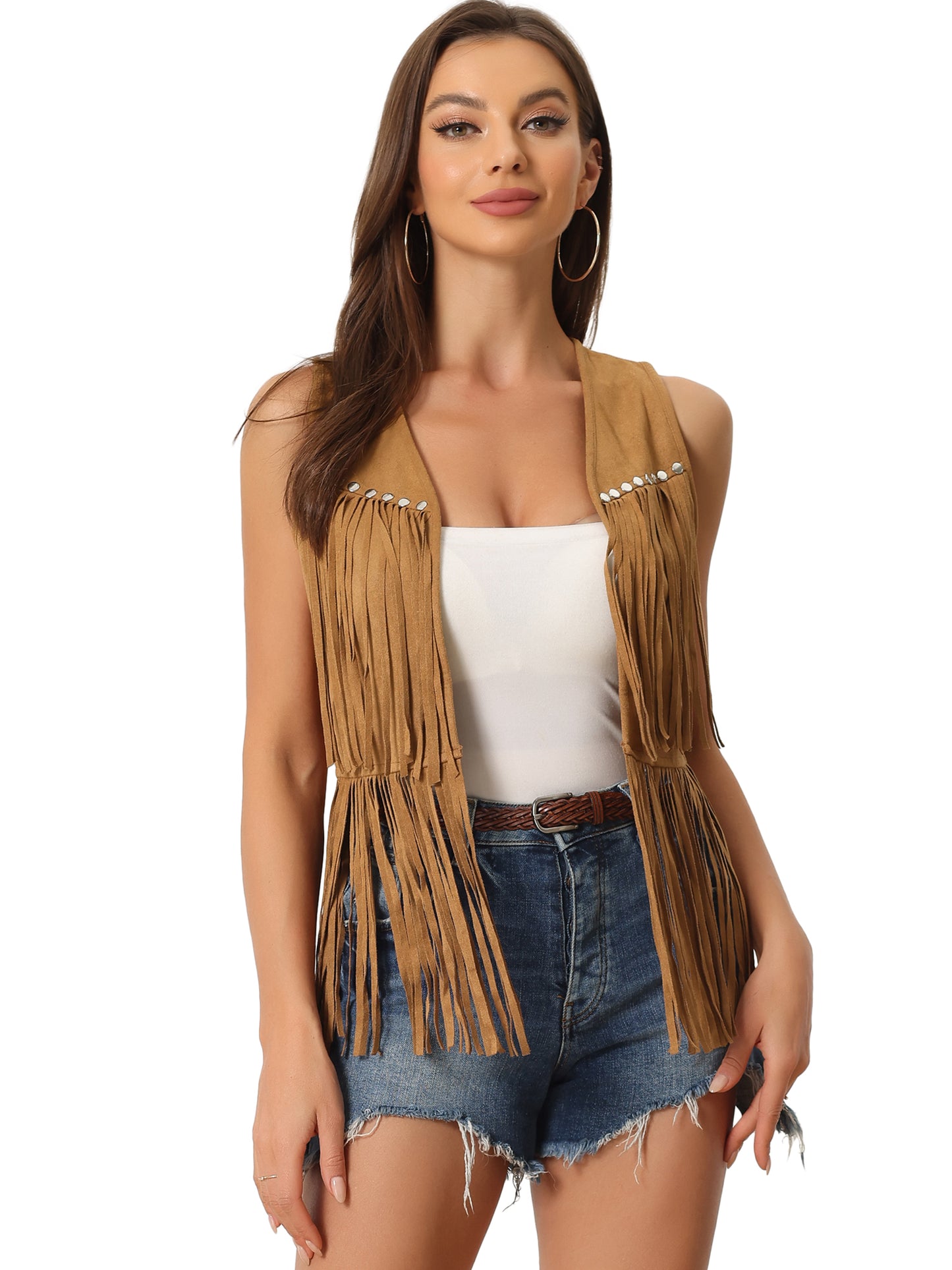 Women's Open Front Vintage Faux Suede Tassel Fringe Vest