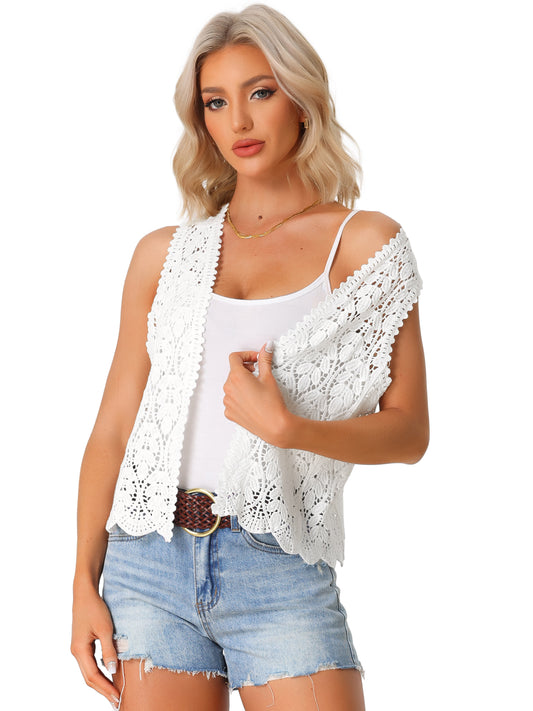 Women's Floral Crochet Hollow Out Sleeveless Open Front Boho Vest Cardigan
