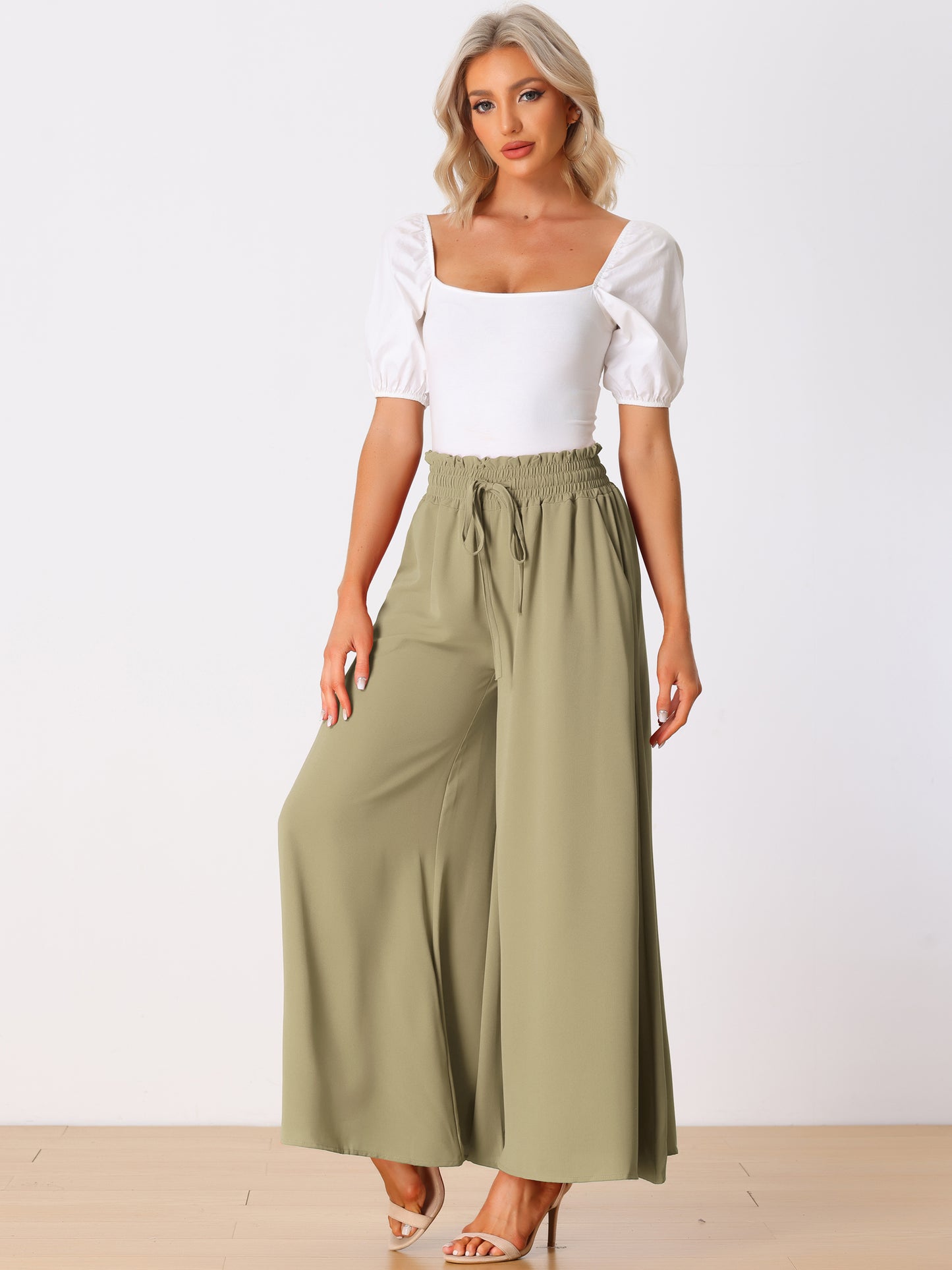 Women's Casual Elastic Banding Waist Long Pants with Pockets Loose Fit Wide Leg Linen Daily Lounge Pants