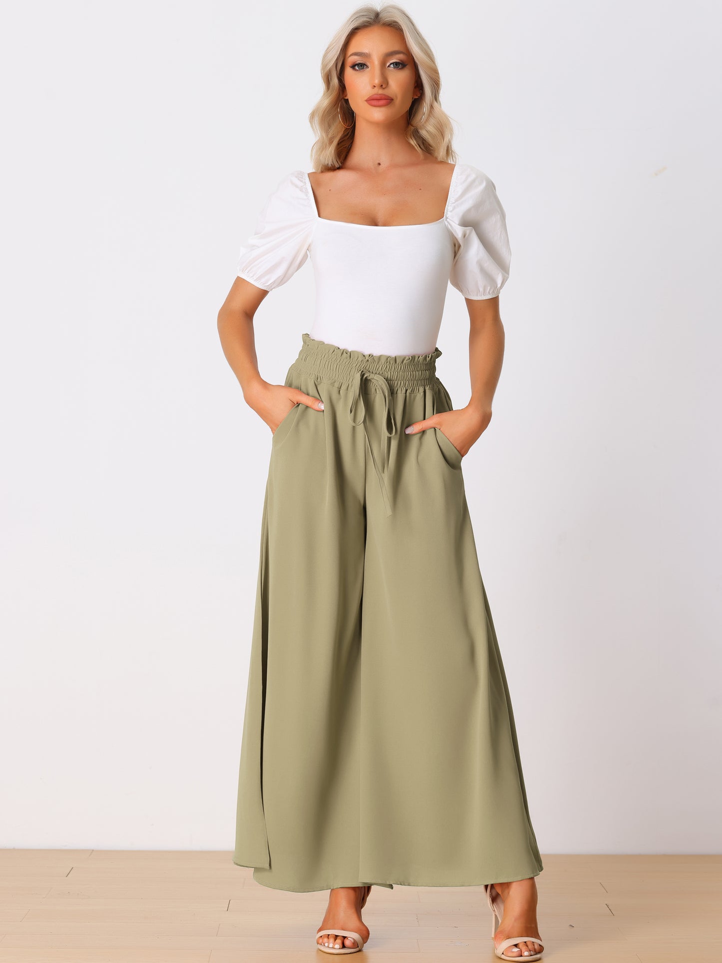Women's Casual Elastic Banding Waist Long Pants with Pockets Loose Fit Wide Leg Linen Daily Lounge Pants