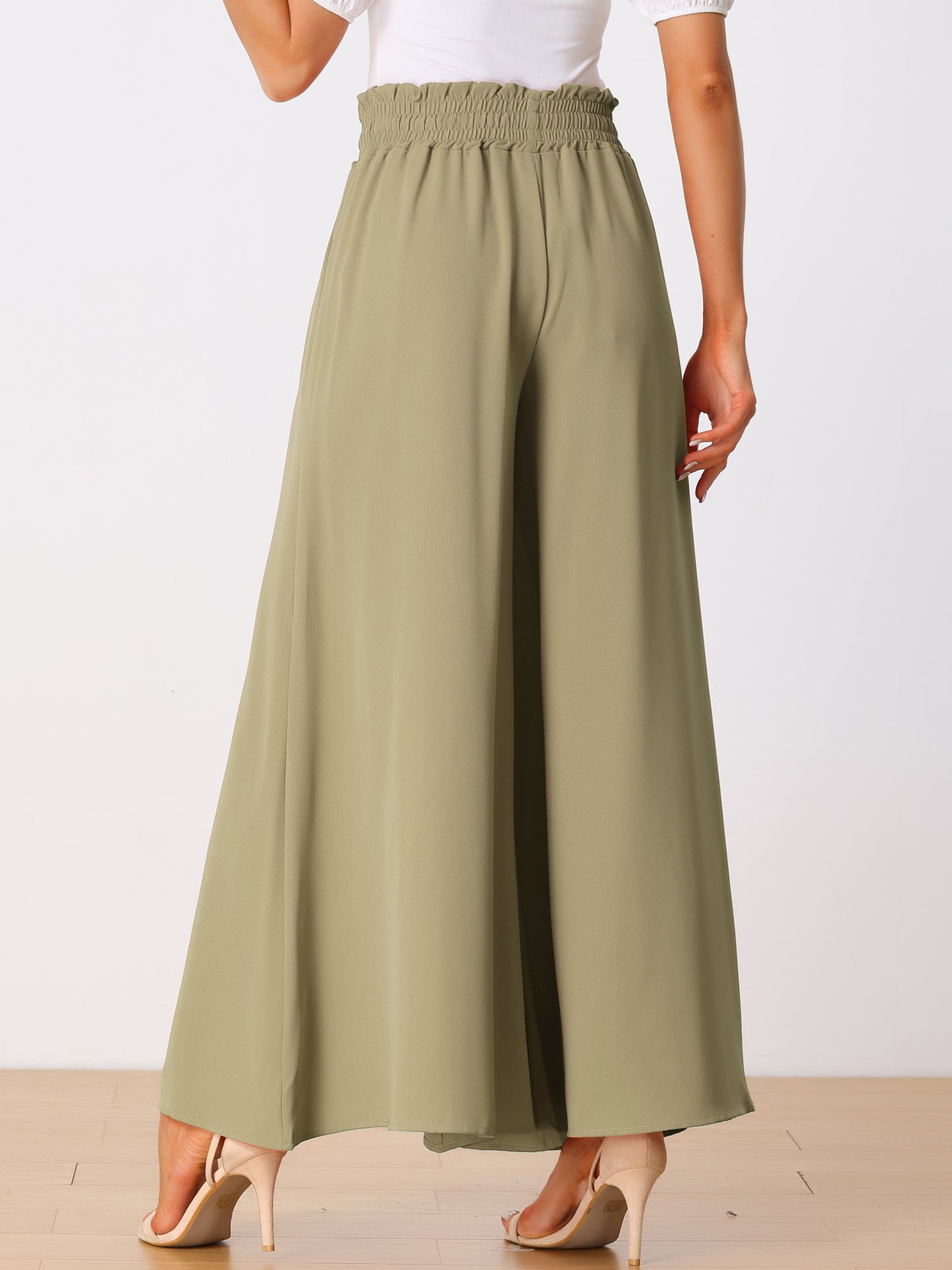 Women's Casual Elastic Banding Waist Long Pants with Pockets Loose Fit Wide Leg Linen Daily Lounge Pants