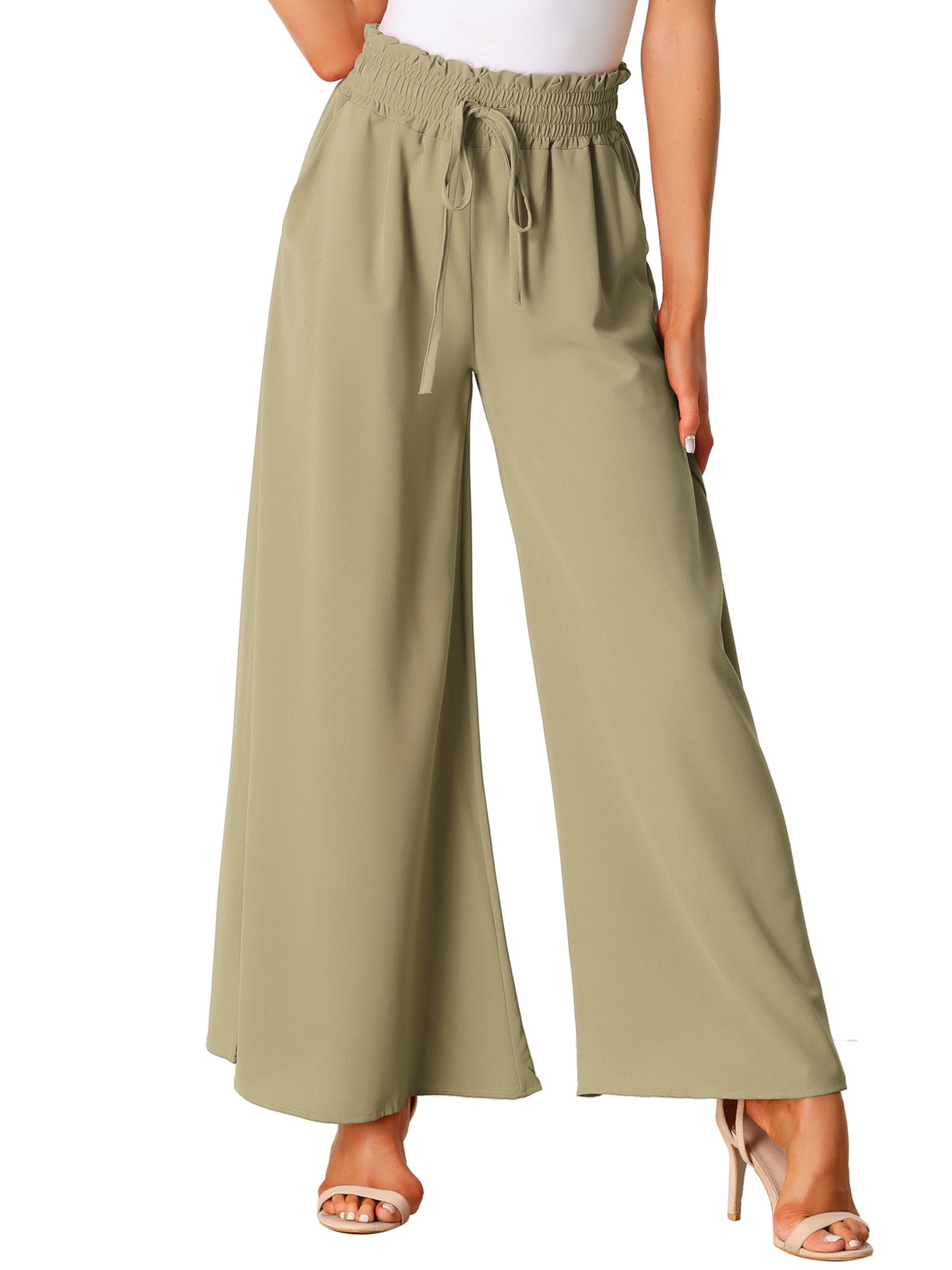 Women's Casual Elastic Banding Waist Long Pants with Pockets Loose Fit Wide Leg Linen Daily Lounge Pants