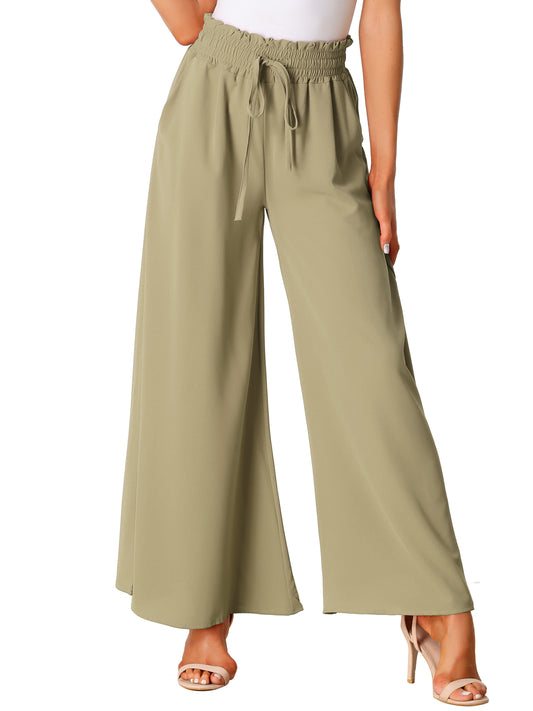 Women's Casual Elastic Banding Waist Long Pants with Pockets Loose Fit Wide Leg Linen Daily Lounge Pants