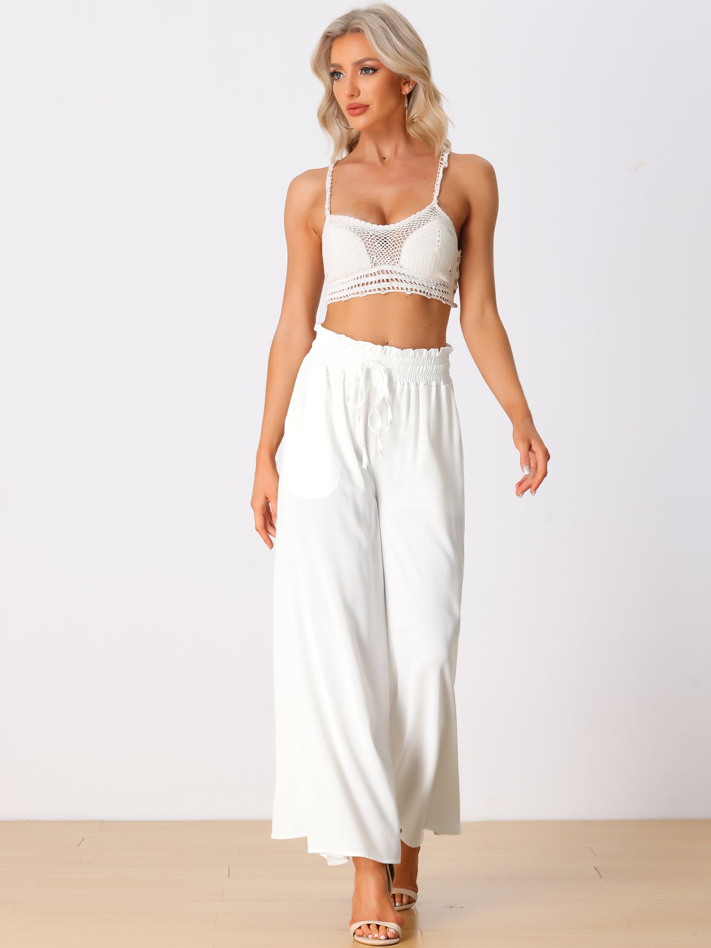 Women's Casual Elastic Banding Waist Long Pants with Pockets Loose Fit Wide Leg Linen Daily Lounge Pants