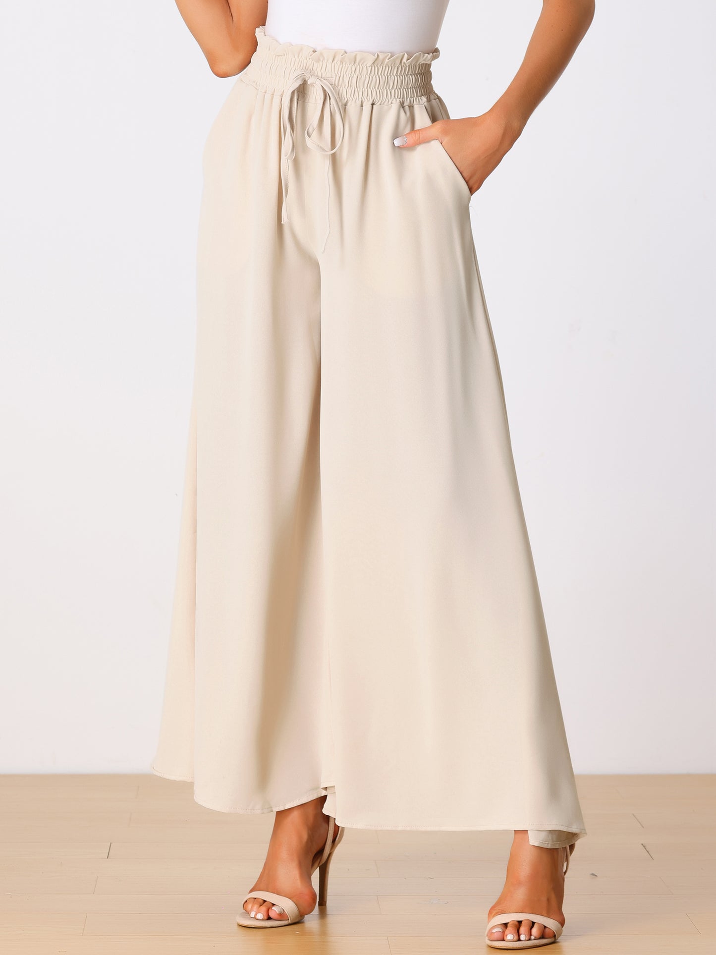 Women's Casual Elastic Banding Waist Long Pants with Pockets Loose Fit Wide Leg Linen Daily Lounge Pants