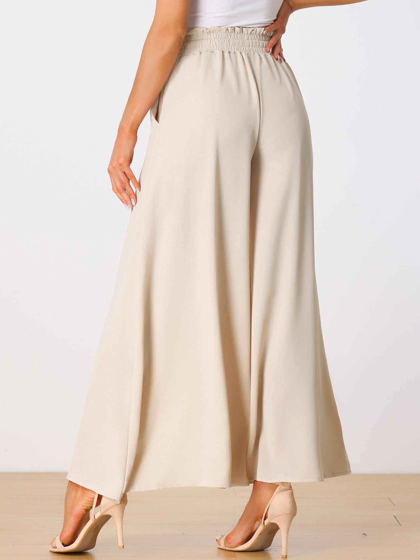 Women's Casual Elastic Banding Waist Long Pants with Pockets Loose Fit Wide Leg Linen Daily Lounge Pants
