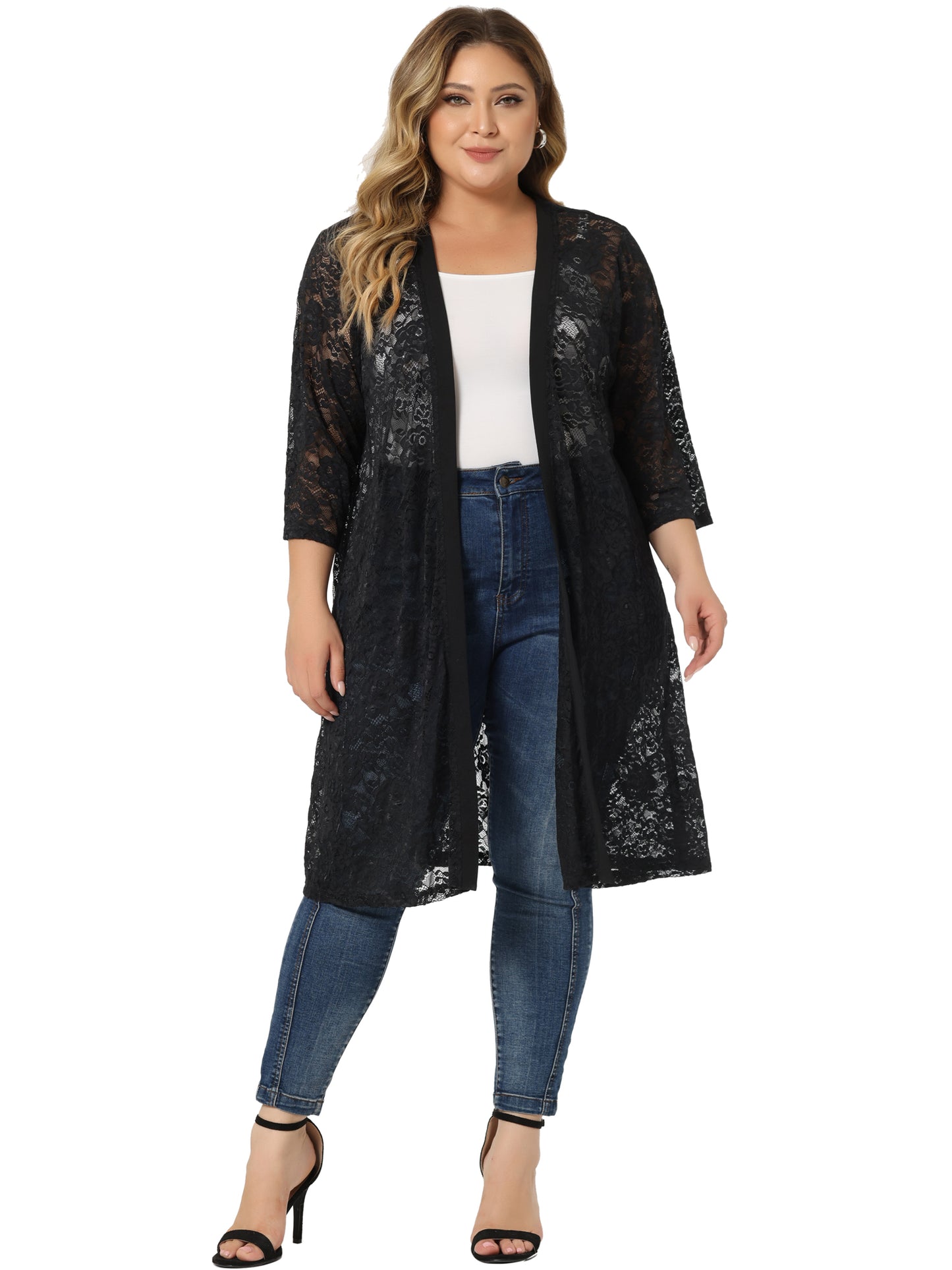 Women Plus Size Cardigans Lace Lightweight Crochet 3/4 Sleeve Cover Up Jacket
