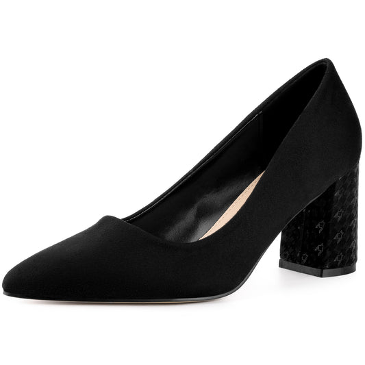 Women's Pointy Toe Slip On Plaid Printing Closed Toe Dress Shoes Chunky Heel Pumps