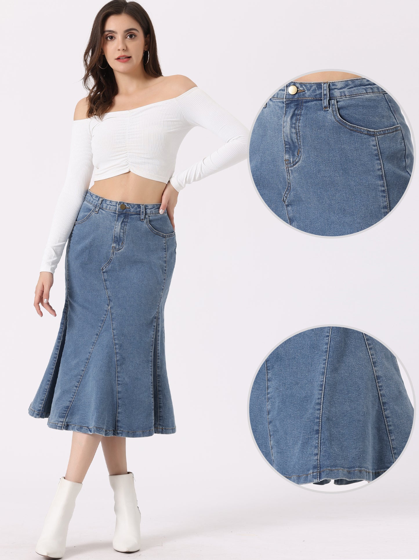 Women's Casual Denim Skirt High Waisted A-Line Flared Midi Skirts