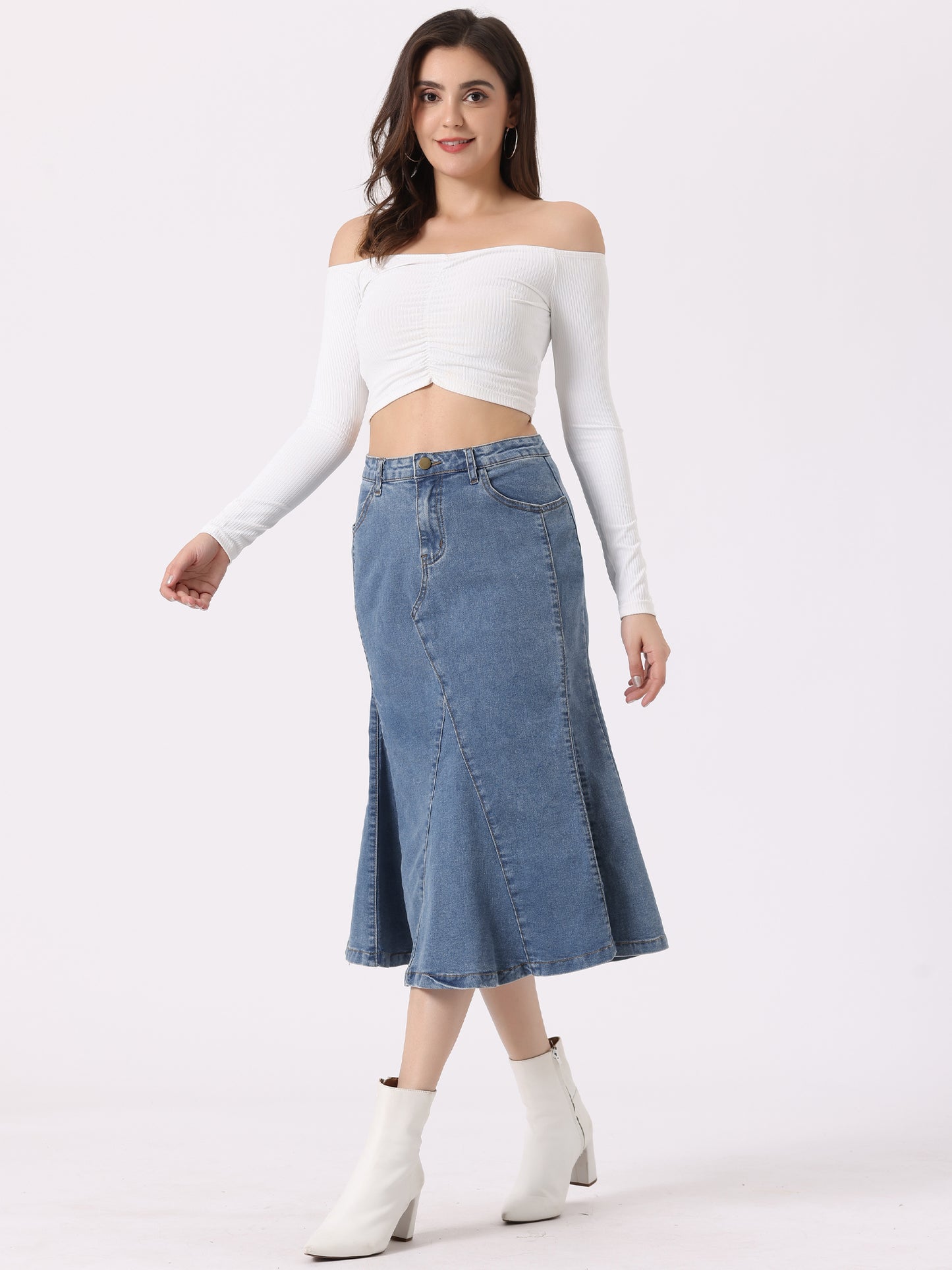 Women's Casual Denim Skirt High Waisted A-Line Flared Midi Skirts