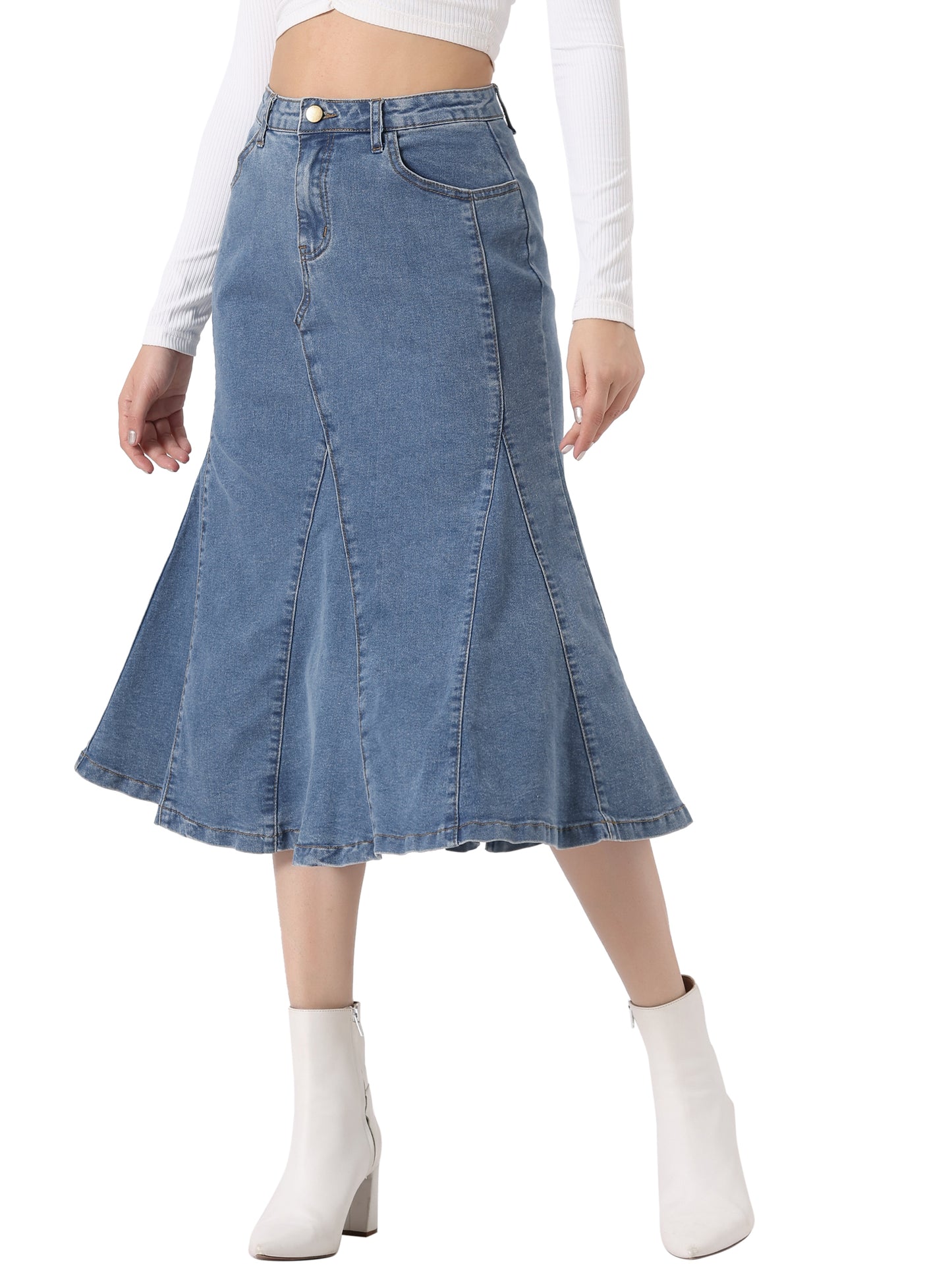 Women's Casual Denim Skirt High Waisted A-Line Flared Midi Skirts
