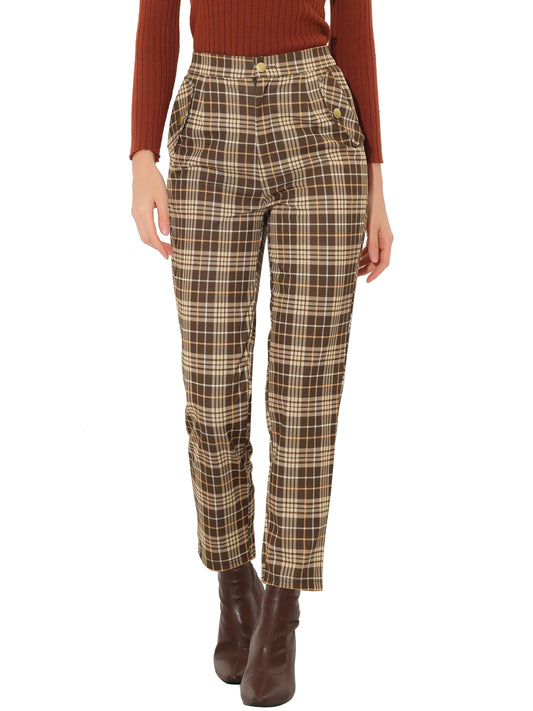 Women's Retro Tartan Plaid Pants Elastic Waist Straight Long Trousers