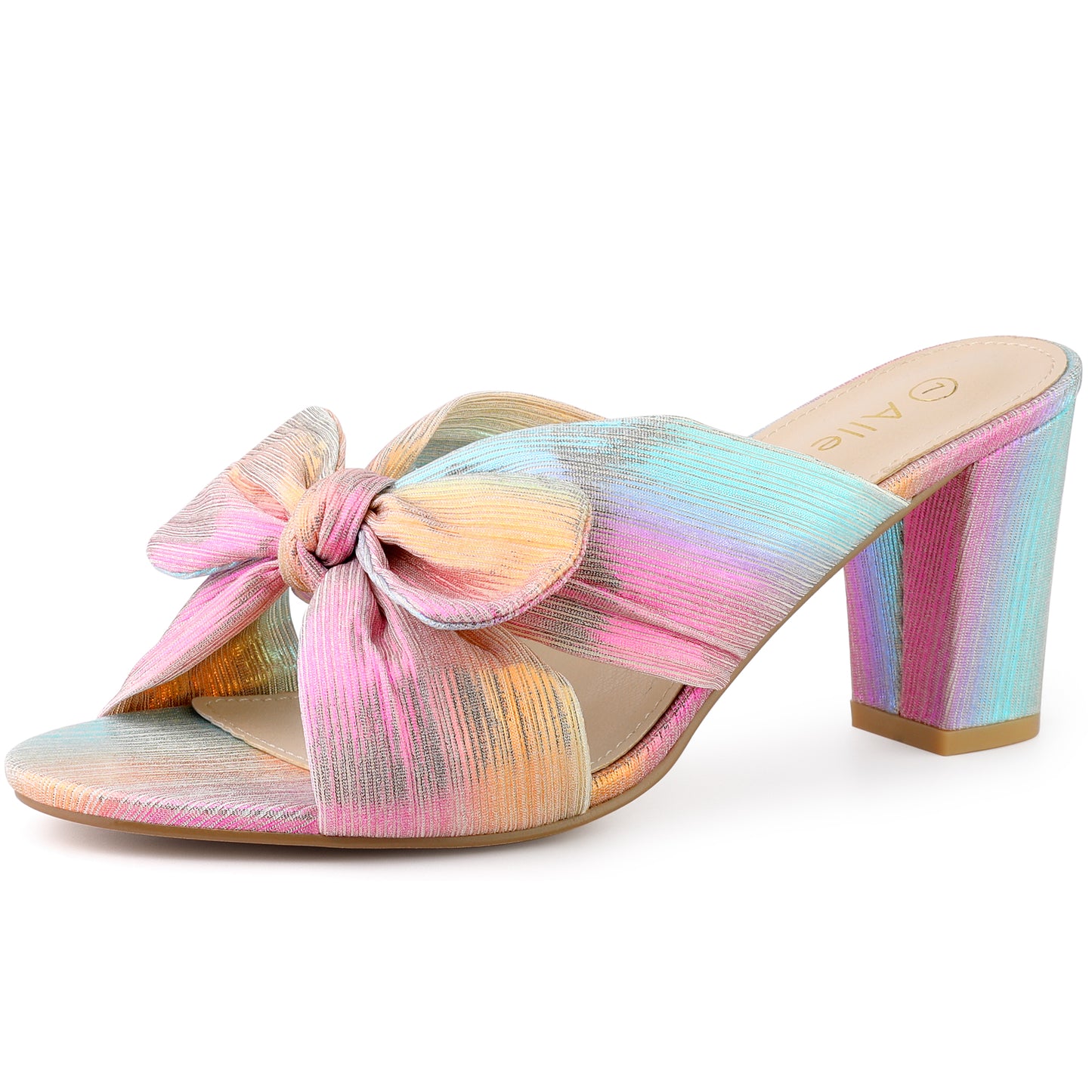 Women's Pleated Bowknot Slip On Chunky Heels Slide Sandals