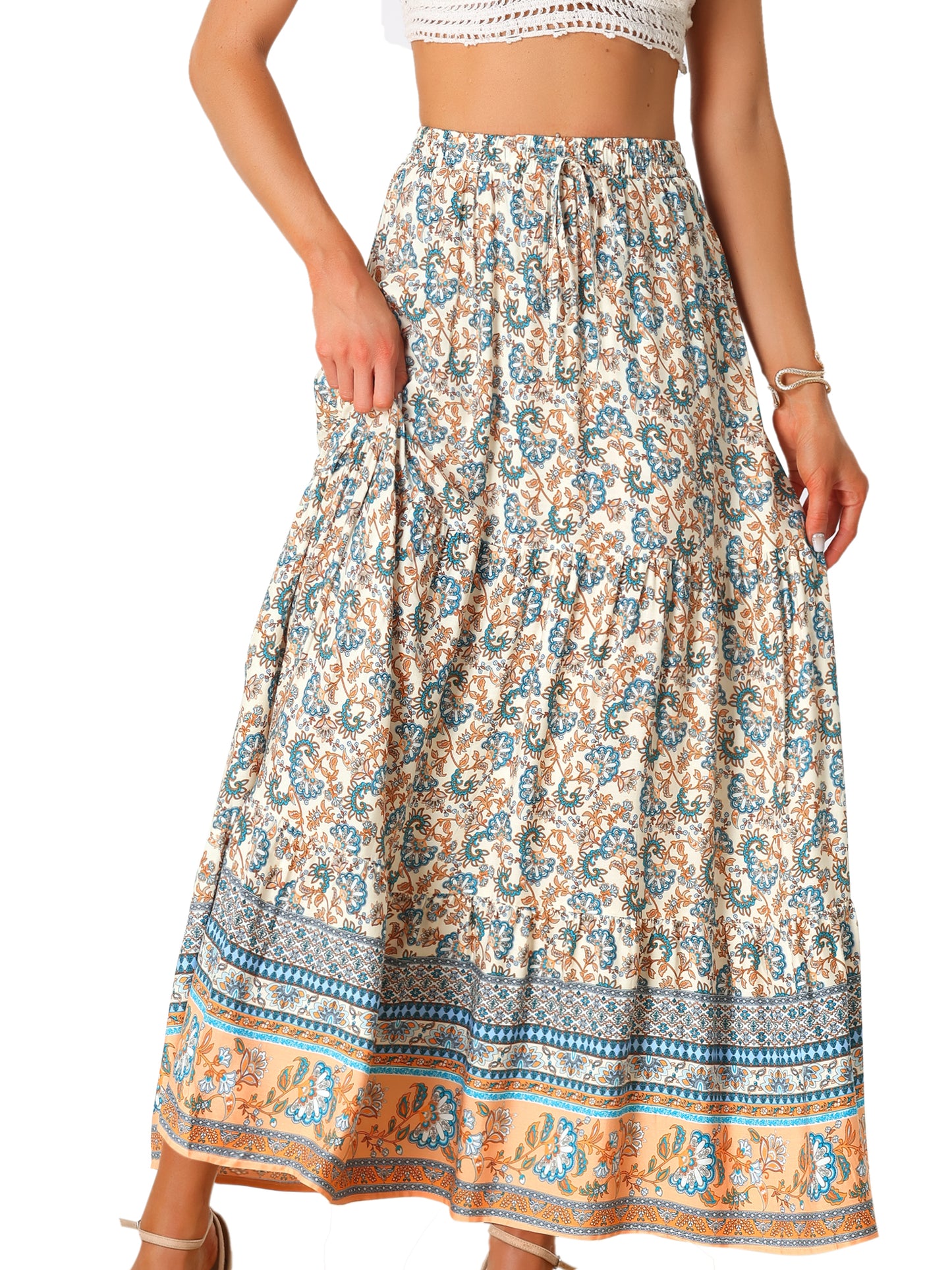 Falda larga estilo bohemio para mujer, de verano, con estampado floral campesino, cintura elástica, corte A