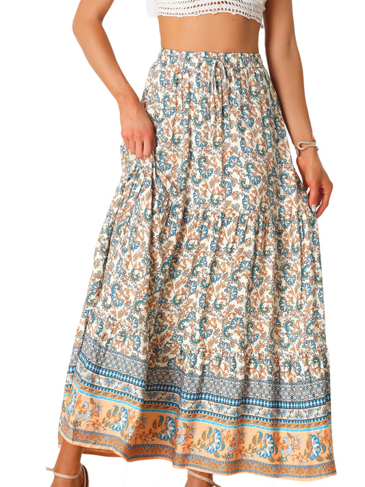 Falda larga estilo bohemio para mujer, de verano, con estampado floral campesino, cintura elástica, corte A