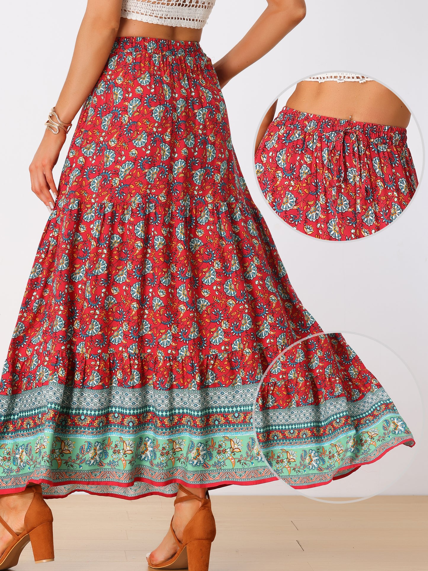 Women's Boho Maxi Skirt Summer Peasant Floral Printed Elastic Waist A Line Long Skirt