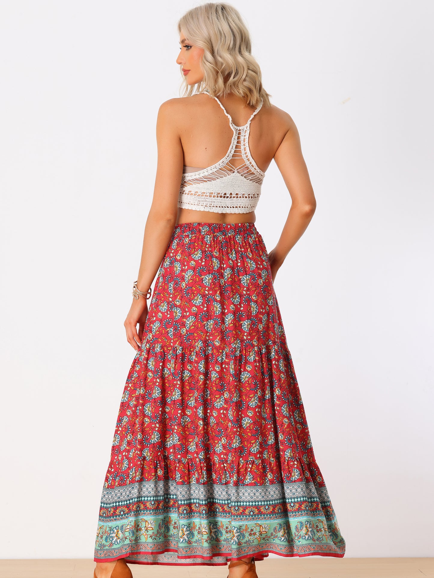 Women's Boho Maxi Skirt Summer Peasant Floral Printed Elastic Waist A Line Long Skirt