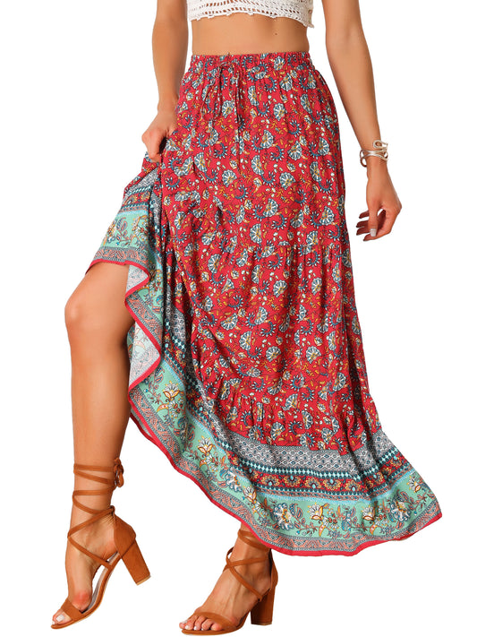 Women's Boho Maxi Skirt Summer Peasant Floral Printed Elastic Waist A Line Long Skirt