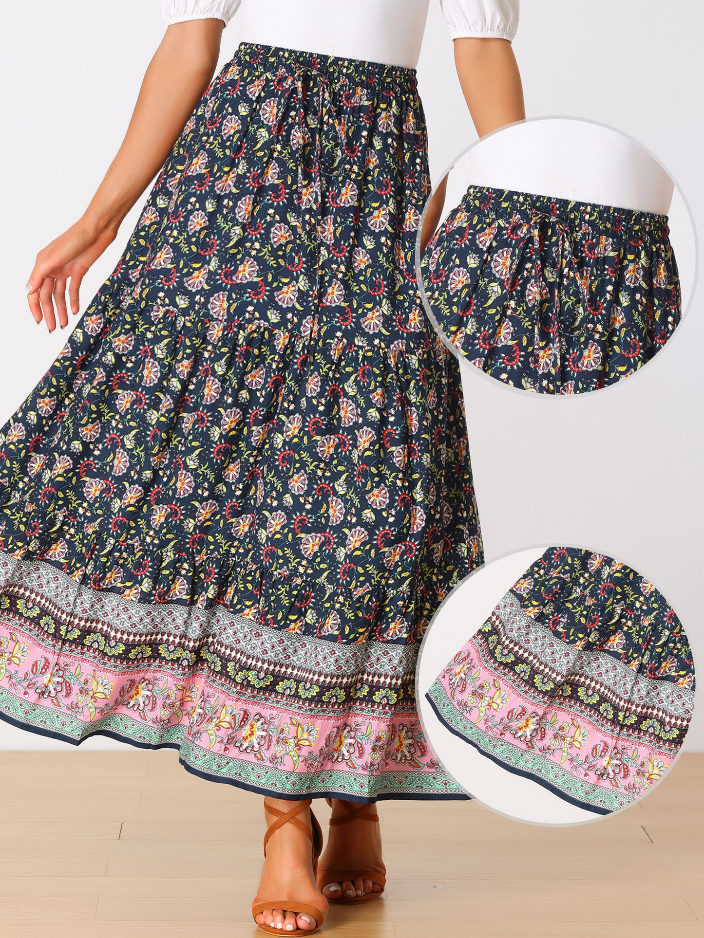 Falda larga estilo bohemio para mujer, de verano, con estampado floral campesino, cintura elástica, corte A