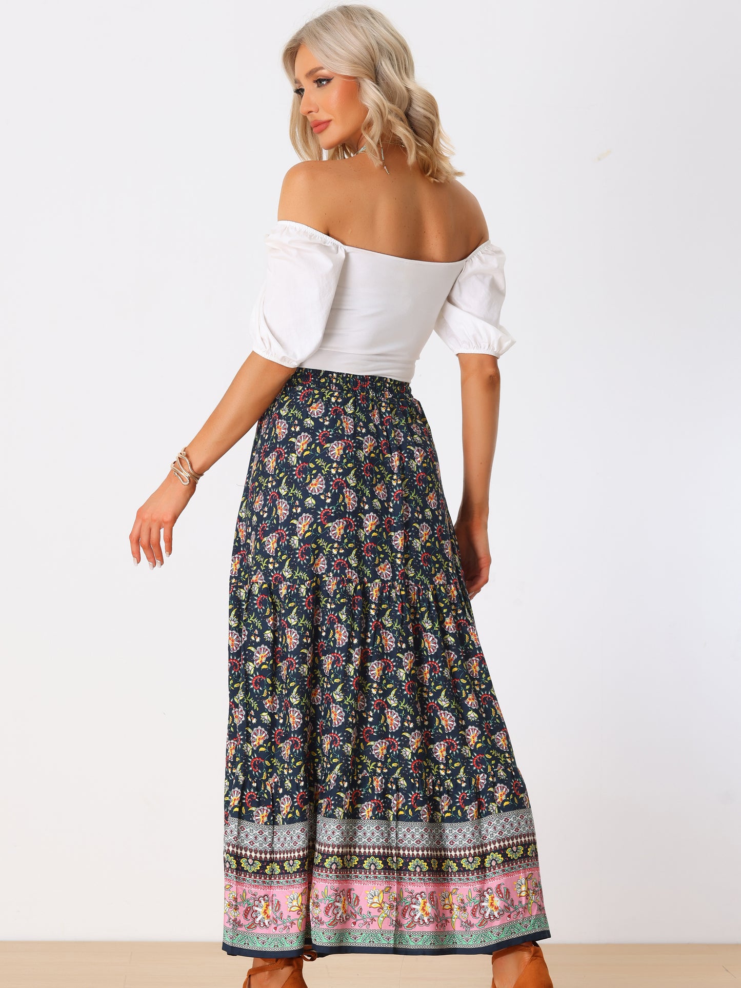 Falda larga estilo bohemio para mujer, de verano, con estampado floral campesino, cintura elástica, corte A