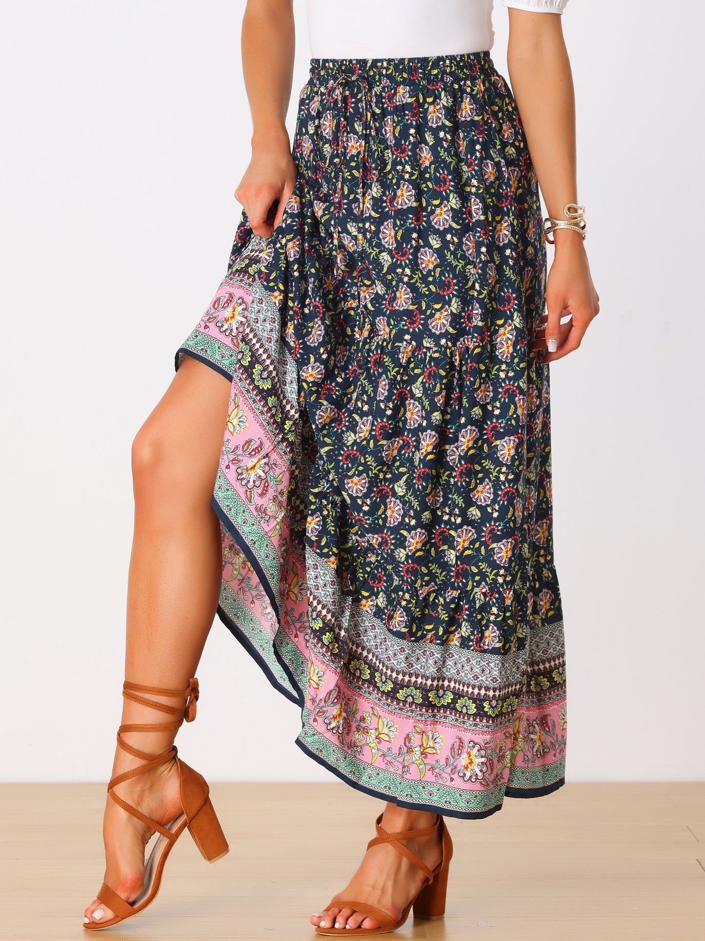 Falda larga estilo bohemio para mujer, de verano, con estampado floral campesino, cintura elástica, corte A