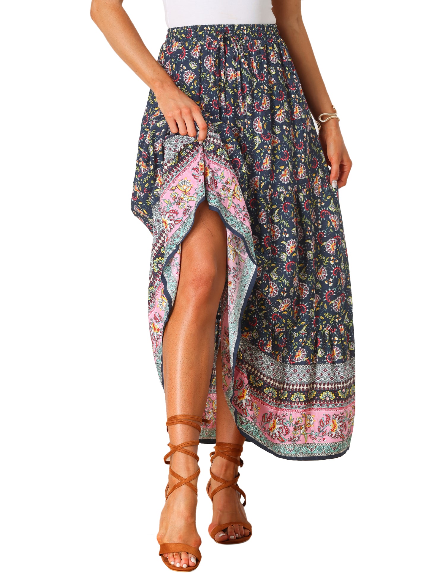 Falda larga estilo bohemio para mujer, de verano, con estampado floral campesino, cintura elástica, corte A