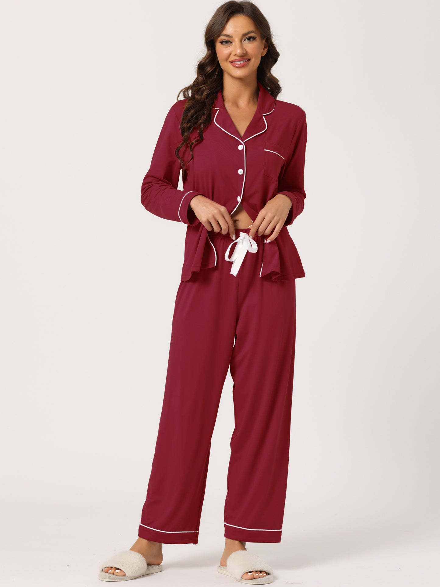 cheibear Pajama Sleep Shirt Nightwear Sleepwear Lounge Modal Pj Sets Red