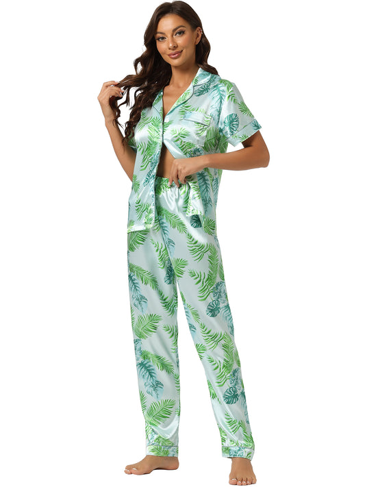 cheibear Pajama Set Silk Short Sleeves and Pants Floral Satin Sets White