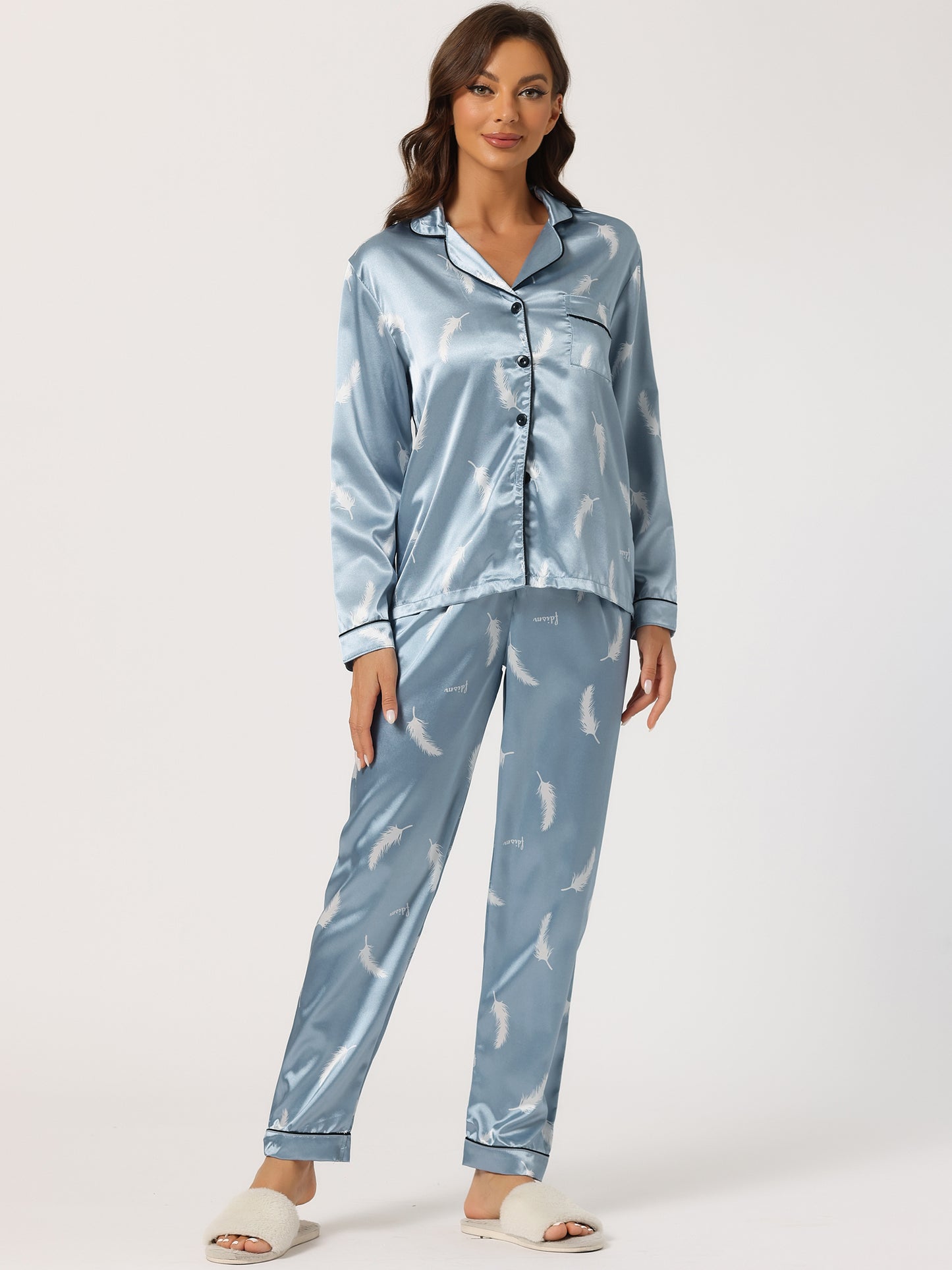 cheibear Pajama Sleep Shirt Nightwear Sleepwear Lounge Satin Pj Sets Light Blue