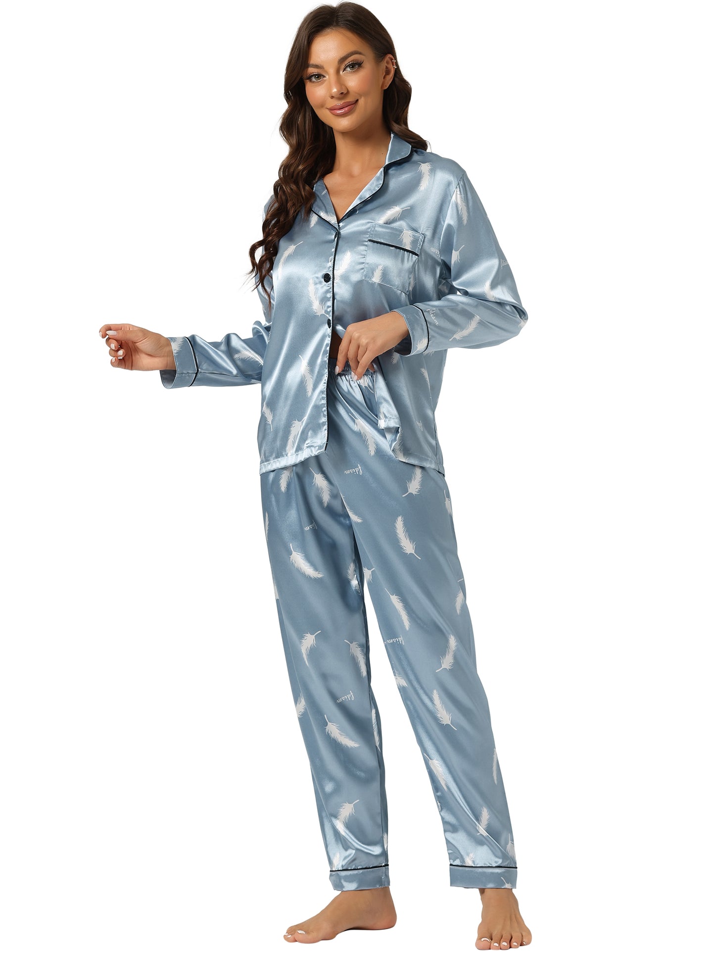 cheibear Pajama Sleep Shirt Nightwear Sleepwear Lounge Satin Pj Sets Light Blue