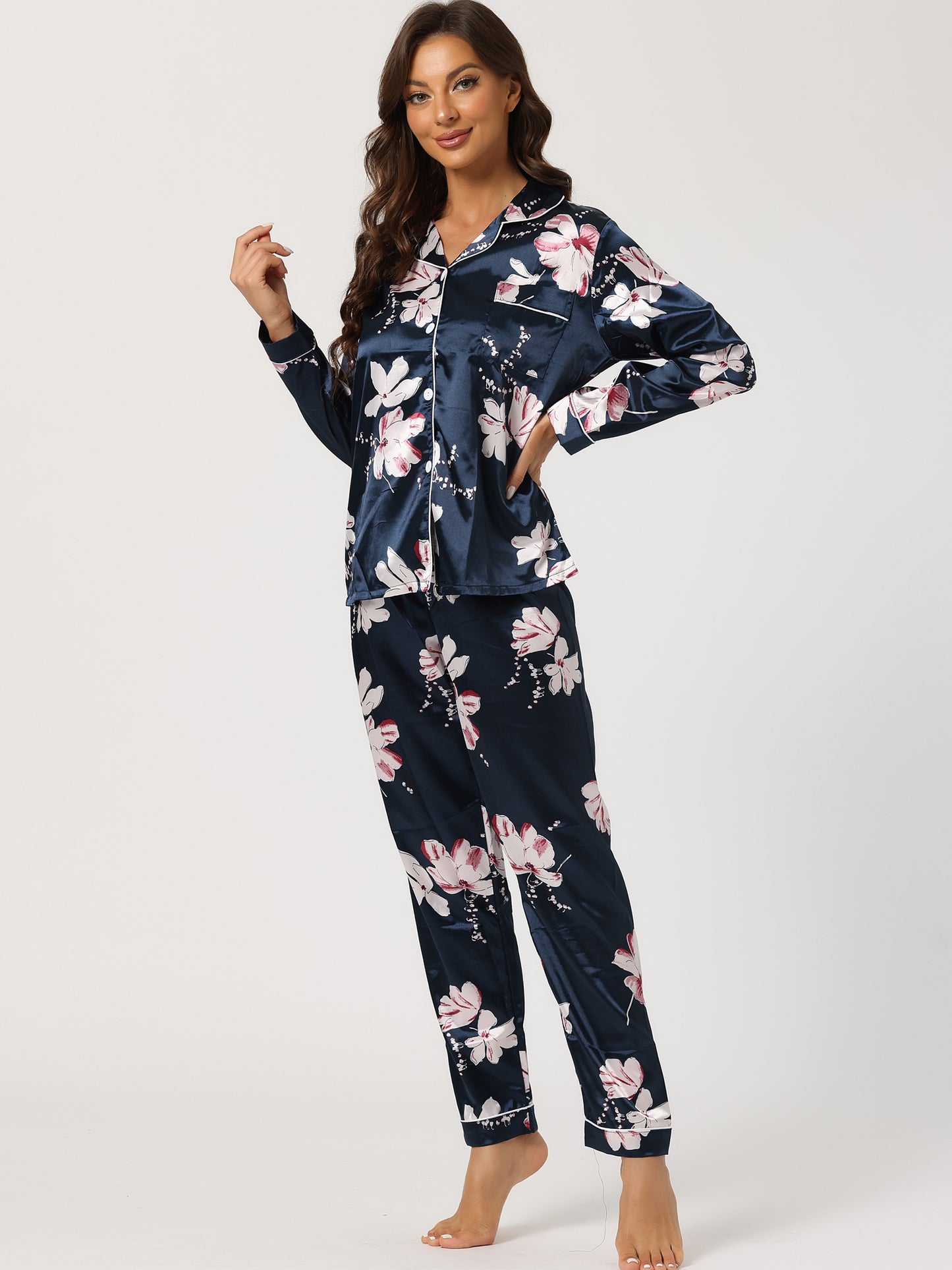 cheibear Pajama Sleep Shirt Nightwear Sleepwear Lounge Satin Pj Sets Navy Blue