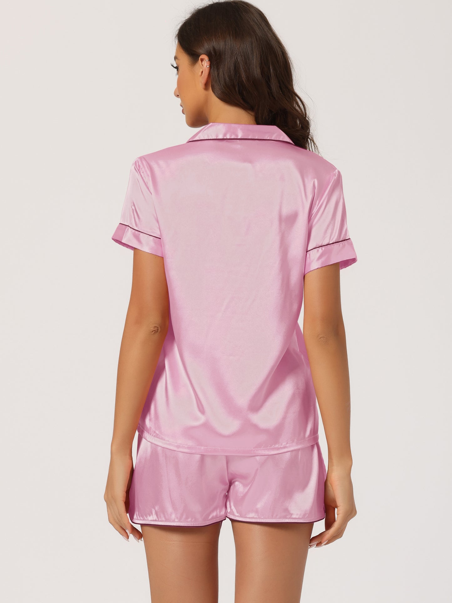 cheibear Pajama Loungewear Short Sleeves Button Down Satin Pj Sets Light Pink