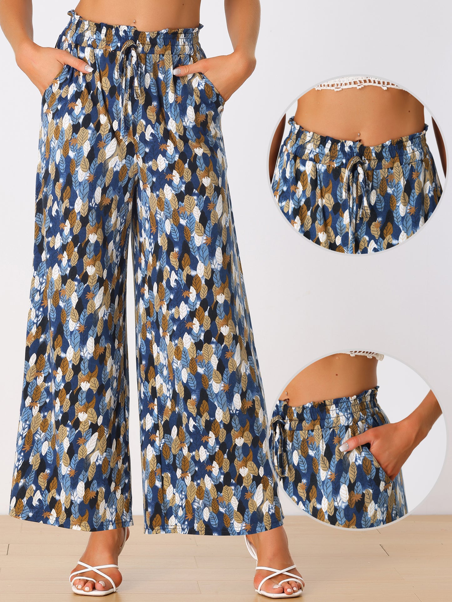 Women's Casual Trousers Leave Print Elastic Loose Fit Lounge Pajamas Pants with Pockets