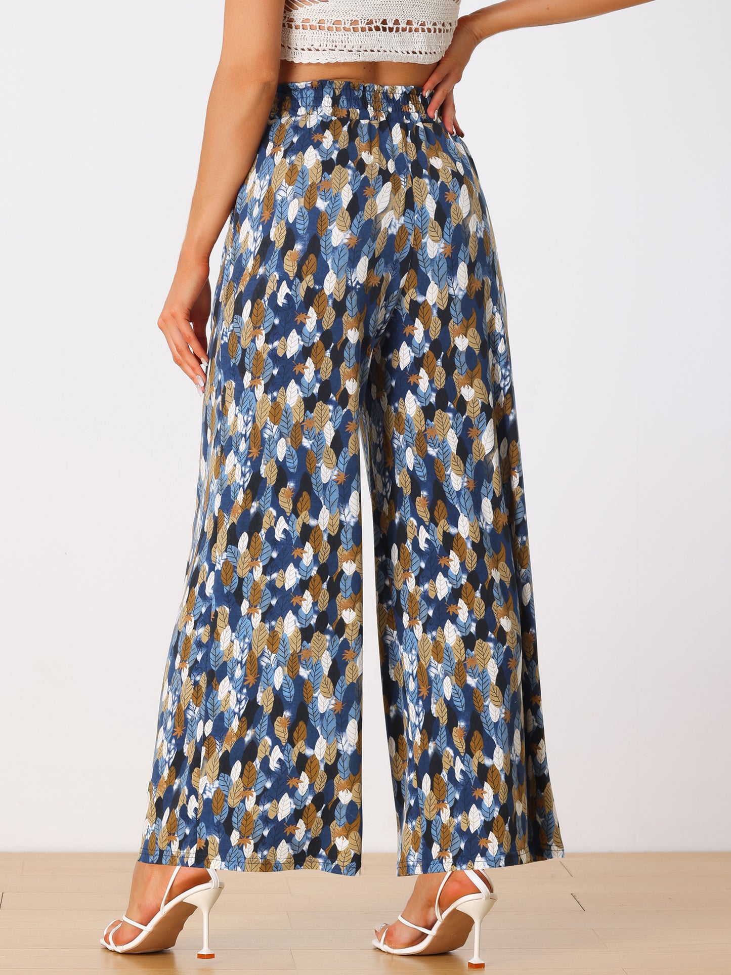 Women's Casual Trousers Leave Print Elastic Loose Fit Lounge Pajamas Pants with Pockets