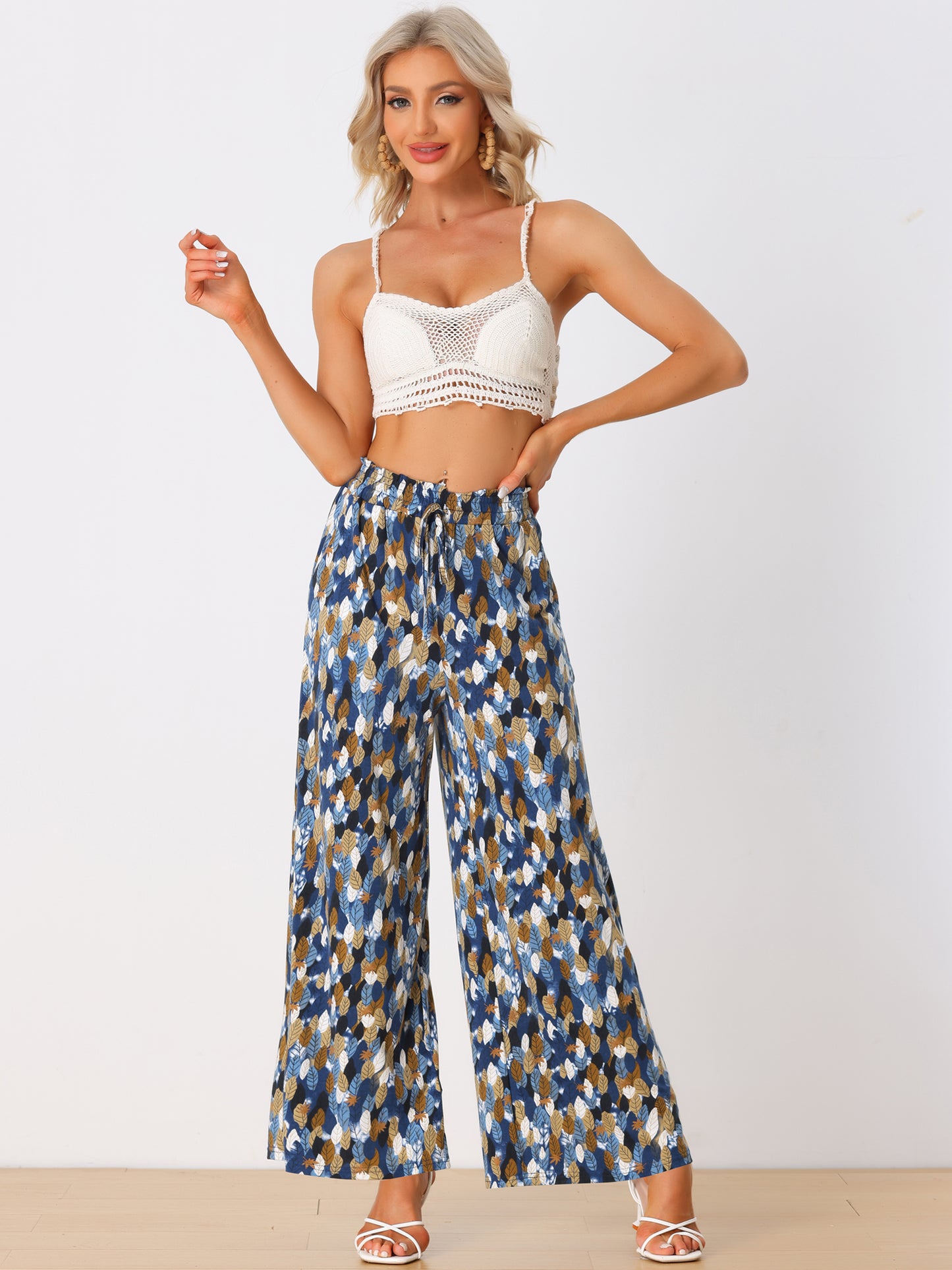 Women's Casual Trousers Leave Print Elastic Loose Fit Lounge Pajamas Pants with Pockets