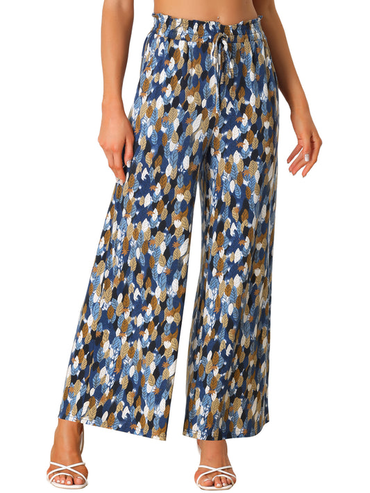 Women's Casual Trousers Leave Print Elastic Loose Fit Lounge Pajamas Pants with Pockets