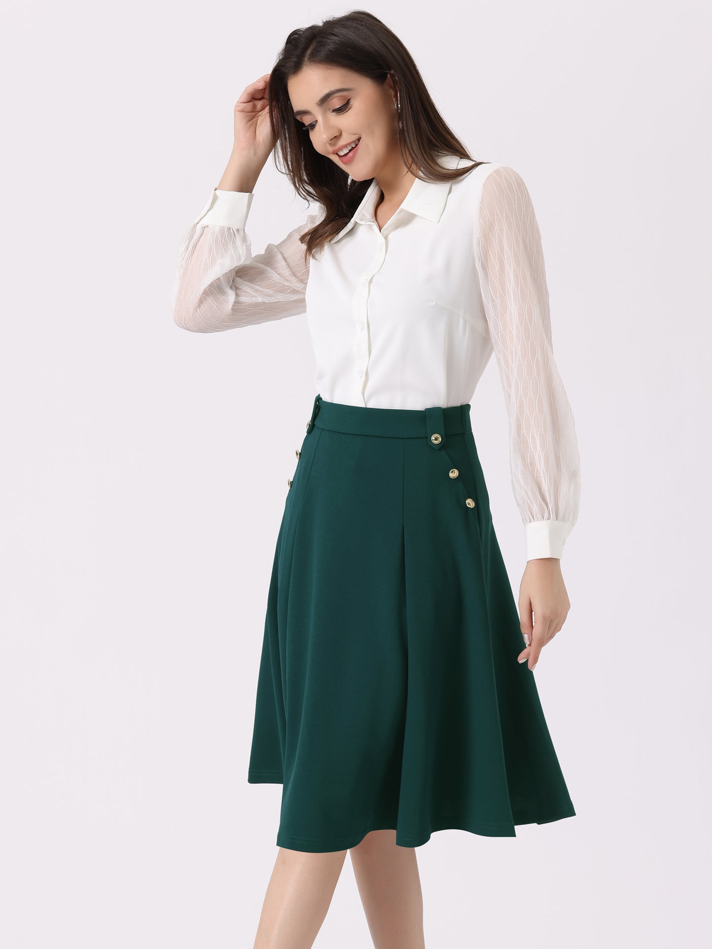 Women's High Waist Work Office Pleated Flared Elegant Midi Skirt