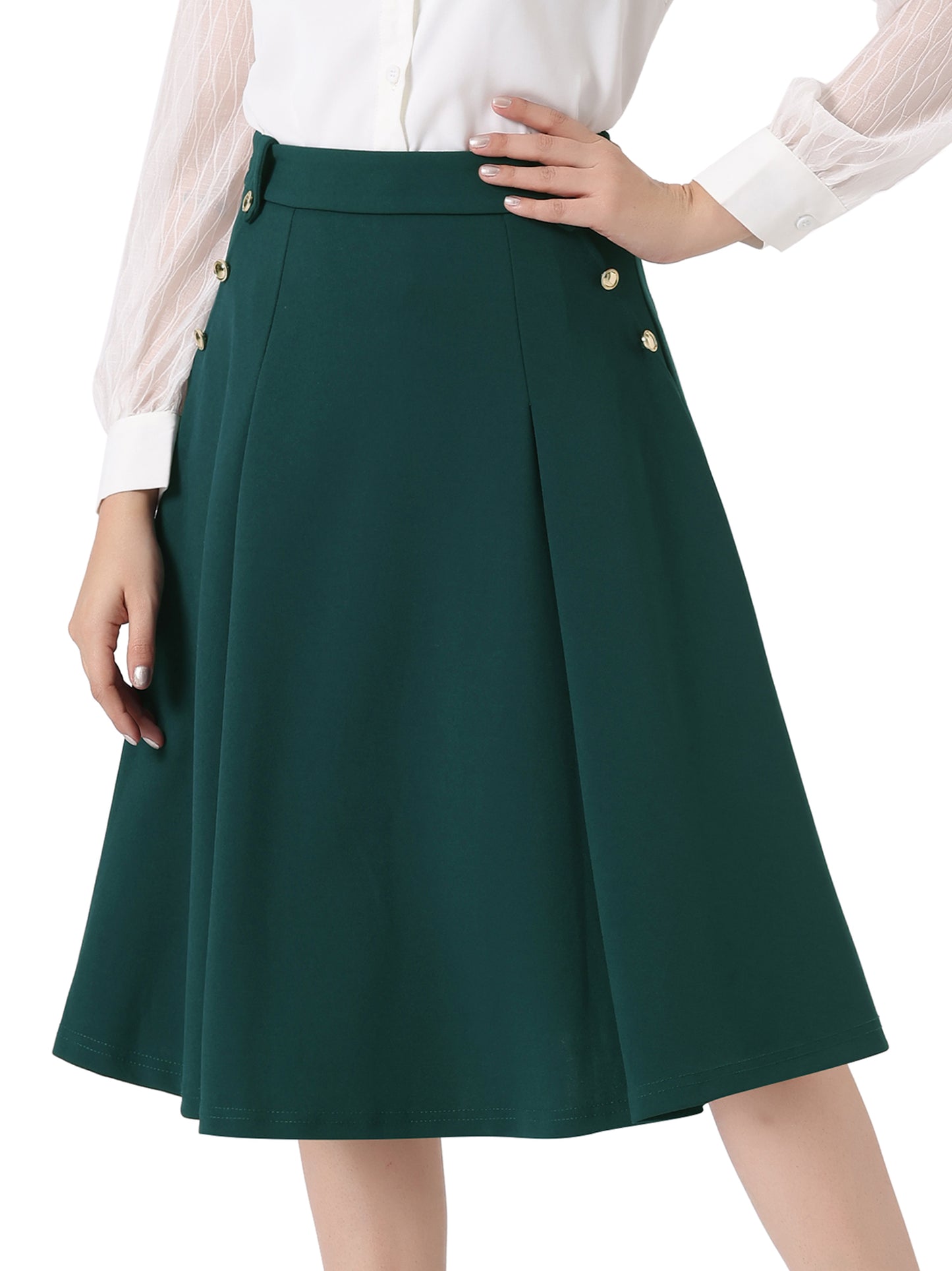 Women's High Waist Work Office Pleated Flared Elegant Midi Skirt