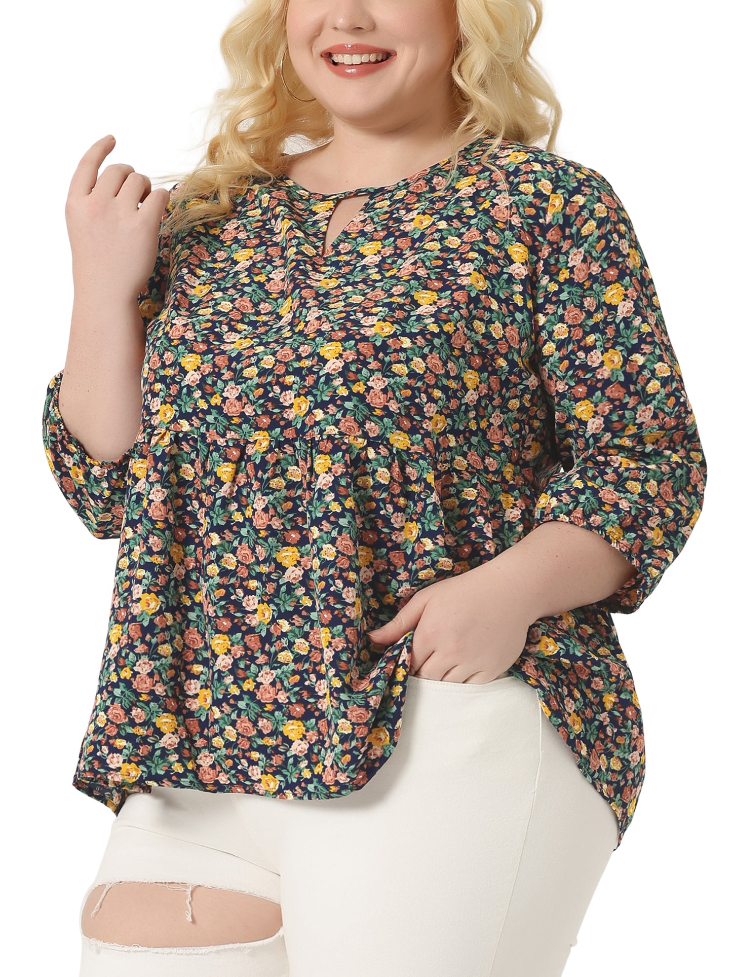 Women's Plus Size 3/4 Sleeves Babydoll Chiffon Keyhole Floral Flowy Blouse