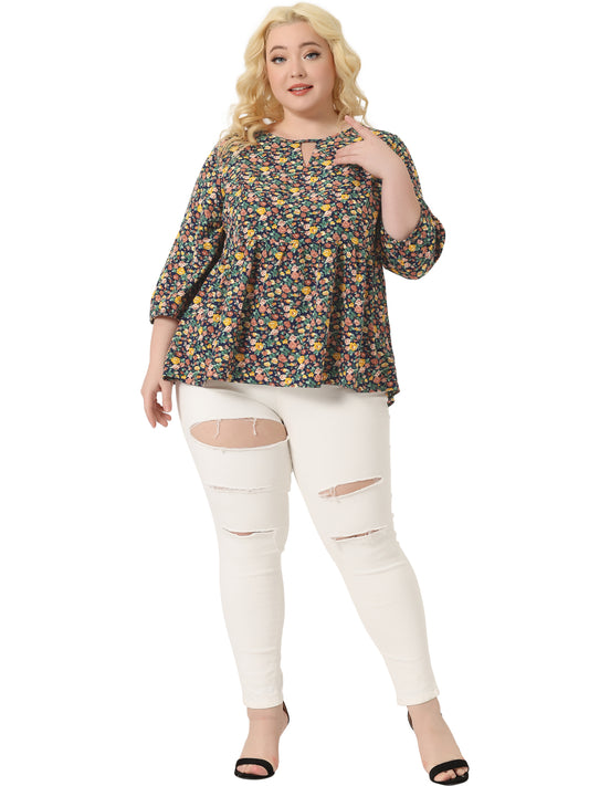 Blusa holgada de gasa con abertura floral y mangas 3/4 para mujer, talla grande