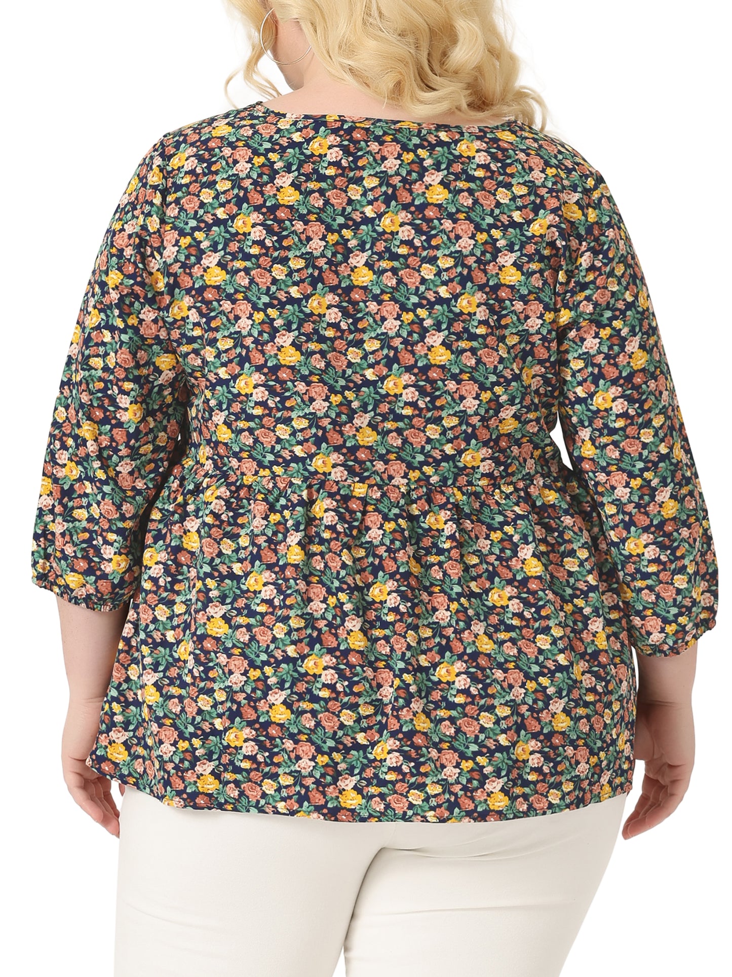 Women's Plus Size 3/4 Sleeves Babydoll Chiffon Keyhole Floral Flowy Blouse
