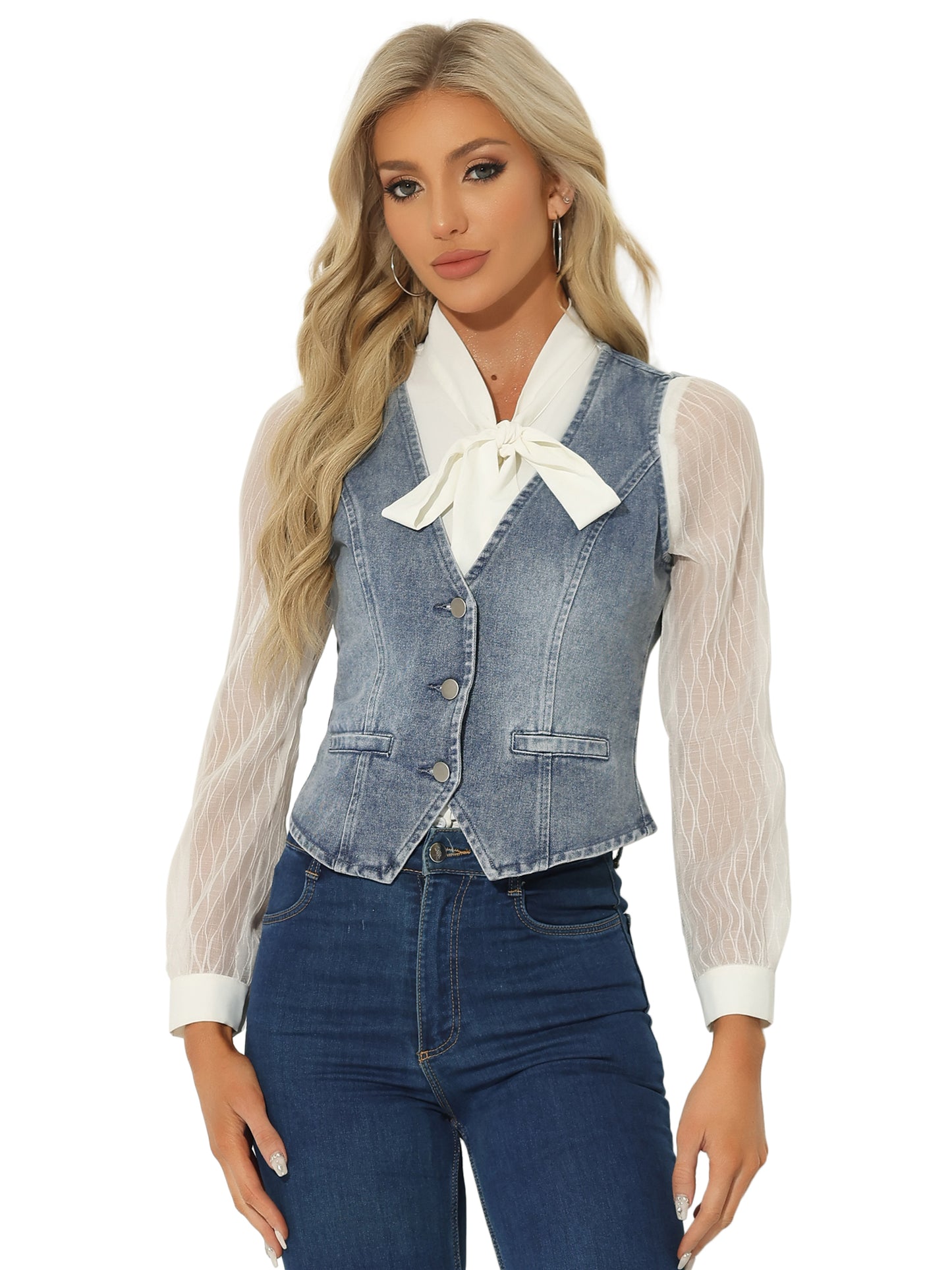 Women's Sleeveless V Neck Button Down Denim Waistcoat Vest (Available in Plus Size)